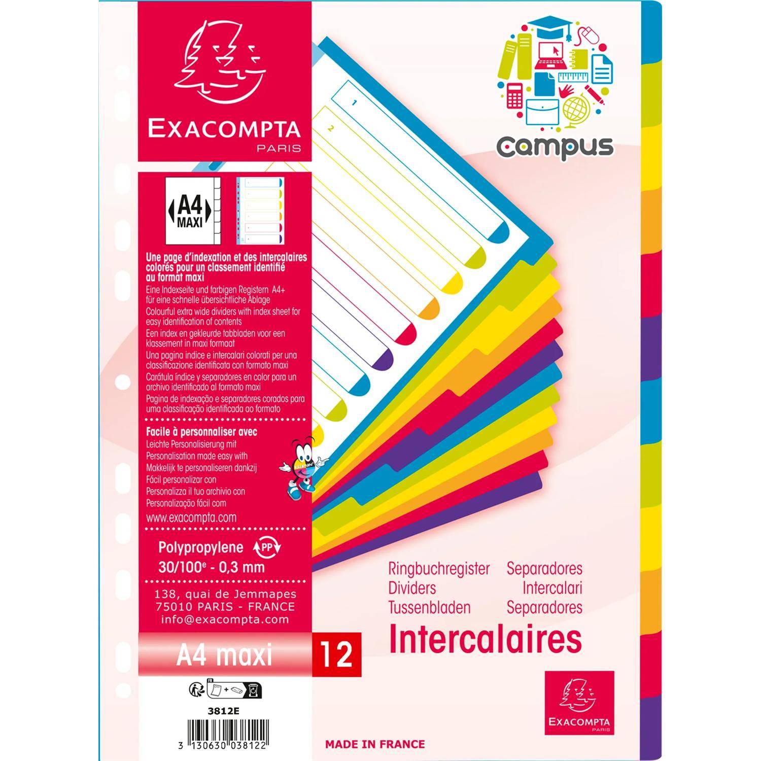 Exacompta 15x Register farbigen Taben PP 300µ 12teilig A4 Maxi Transluzent 3812E