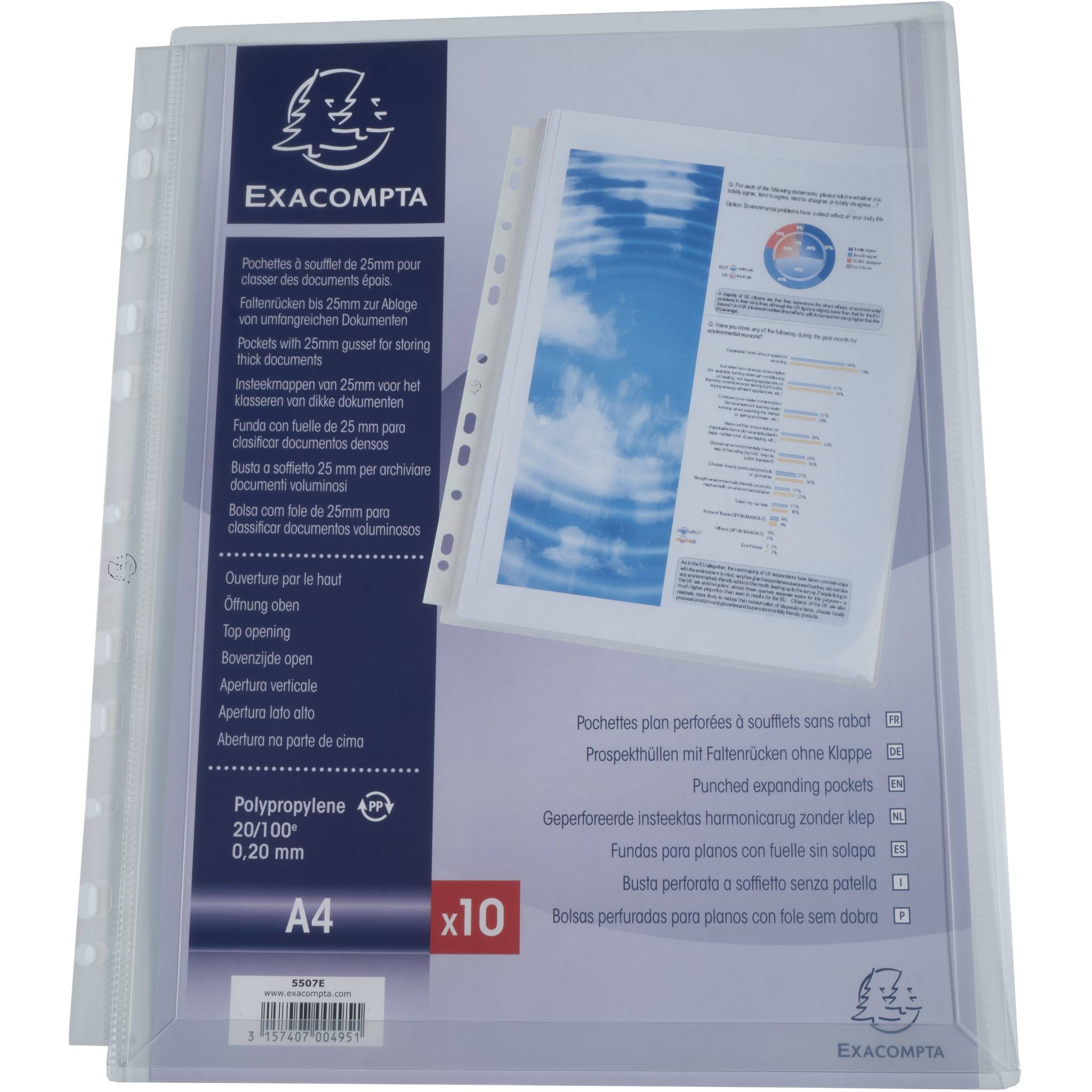 Exacompta 5x 10 Schutzhüllen oben geöffnet Lasche Faltenrücken A4 Kristall 5507E