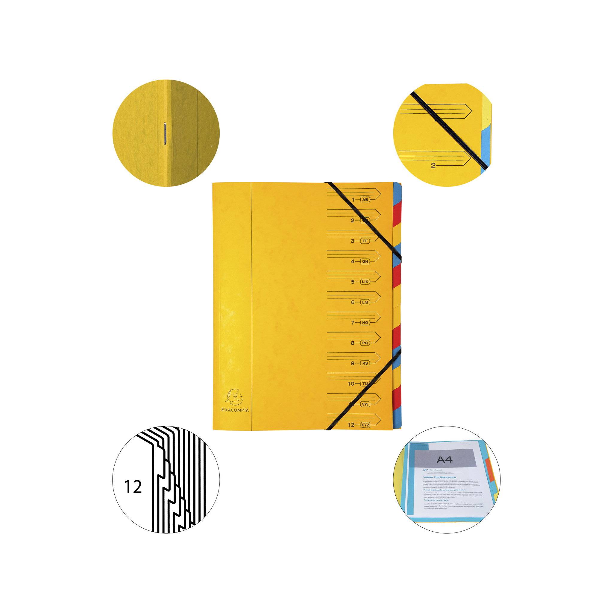 Exacompta 8x Ordnungsmappe Karton 355g/m2 + Gummizug 12 Fächer A4 Gelb 54129E