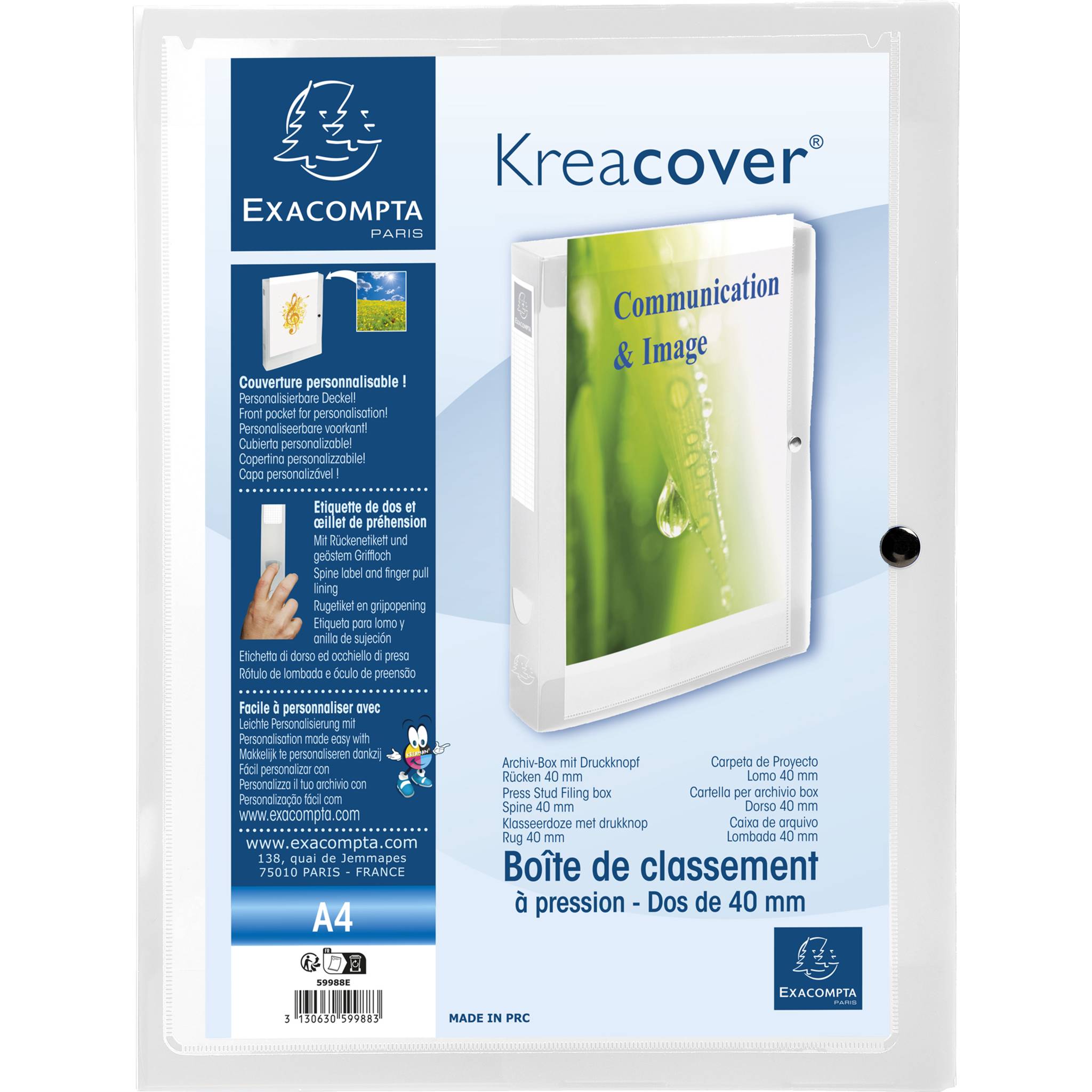 Exacompta 5x Archivbox + Knopf PP 700µ, Rücken 40mm, A4, Transparent, 59988E