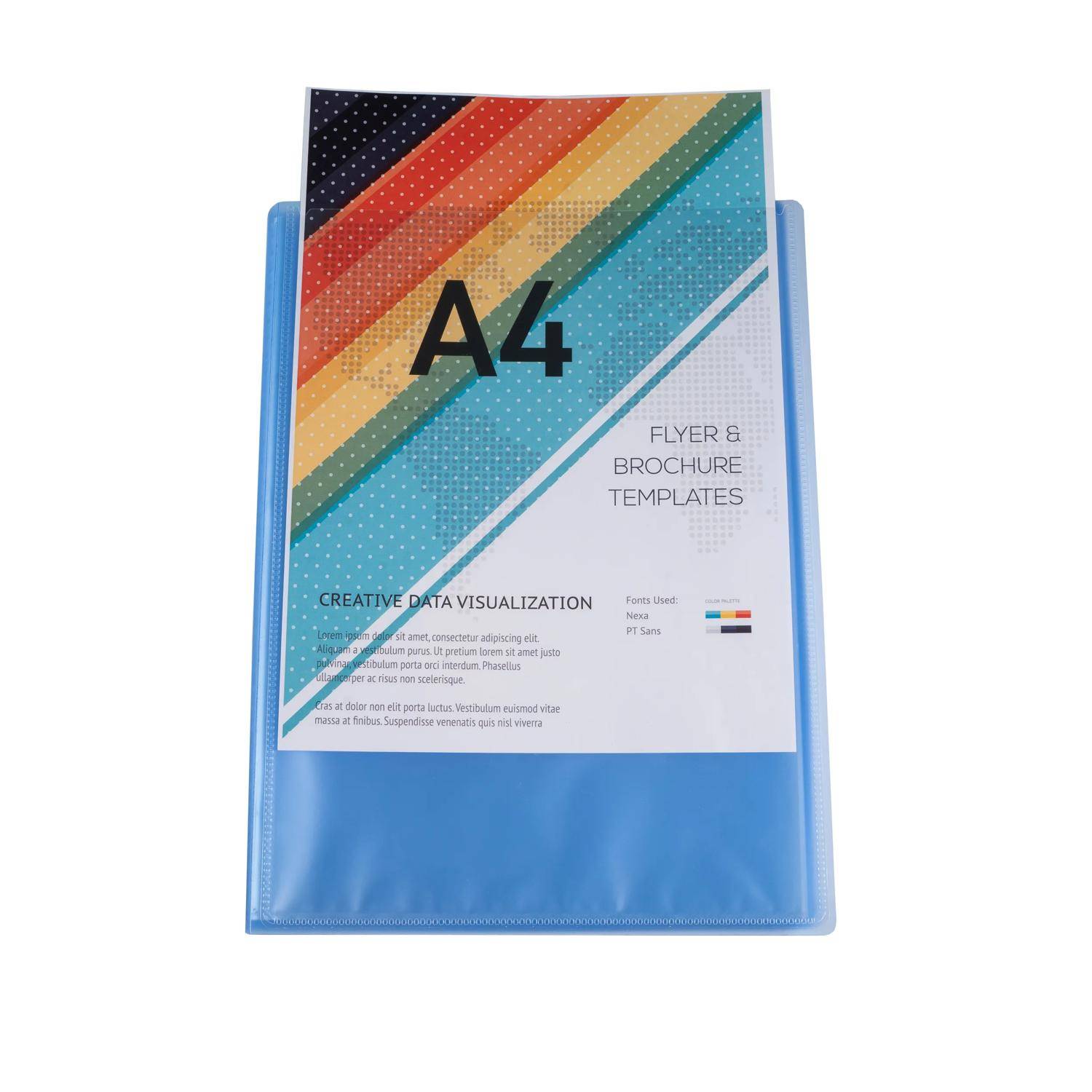 Blaue A4-Dokumentenhülle mit einer Broschürenabdeckung mit der Bezeichnung „A4" und „FLYER & BROCHURE TEMPLATES"" mit bunten diagonalen Streifen