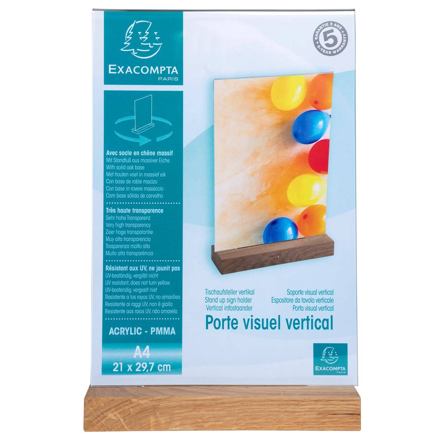 Verpackung für einen vertikalen Acryl-Schild halter der Marke Exacompta im A4-Format mit Holzsockel, der ein transparentes Displayständer für Poster oder Mitteilungen zeigt.