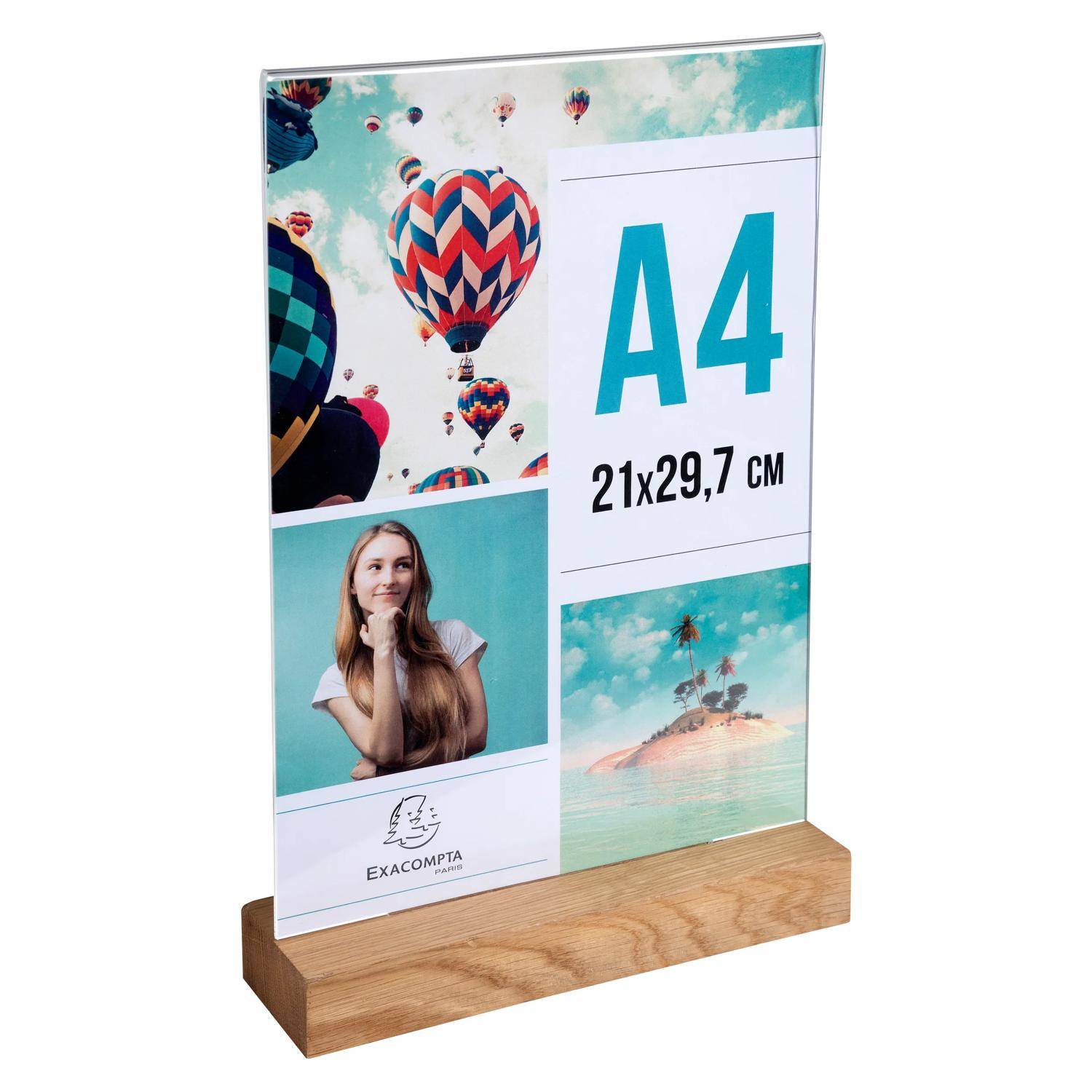 Ein hölzerner Tischplatten-Ausstellungsständer, der ein A4-Schild mit Beispielfotos und dem Text „A4 21x29,7 cm" und „EXACOMPTA"" hält.