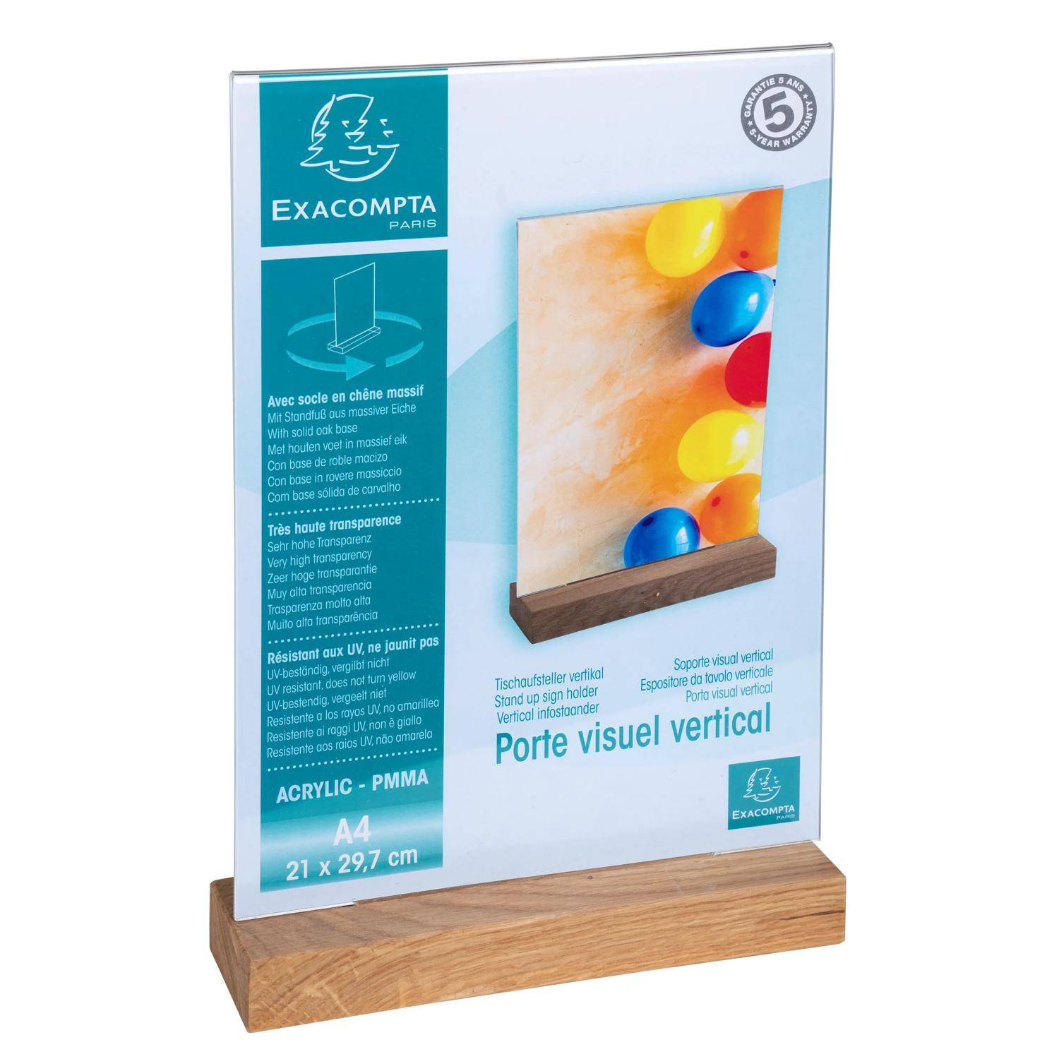 Exacompta Acryl-Aufsteller mit Holzsockel, abgebildet mit einem A4-Blatt.