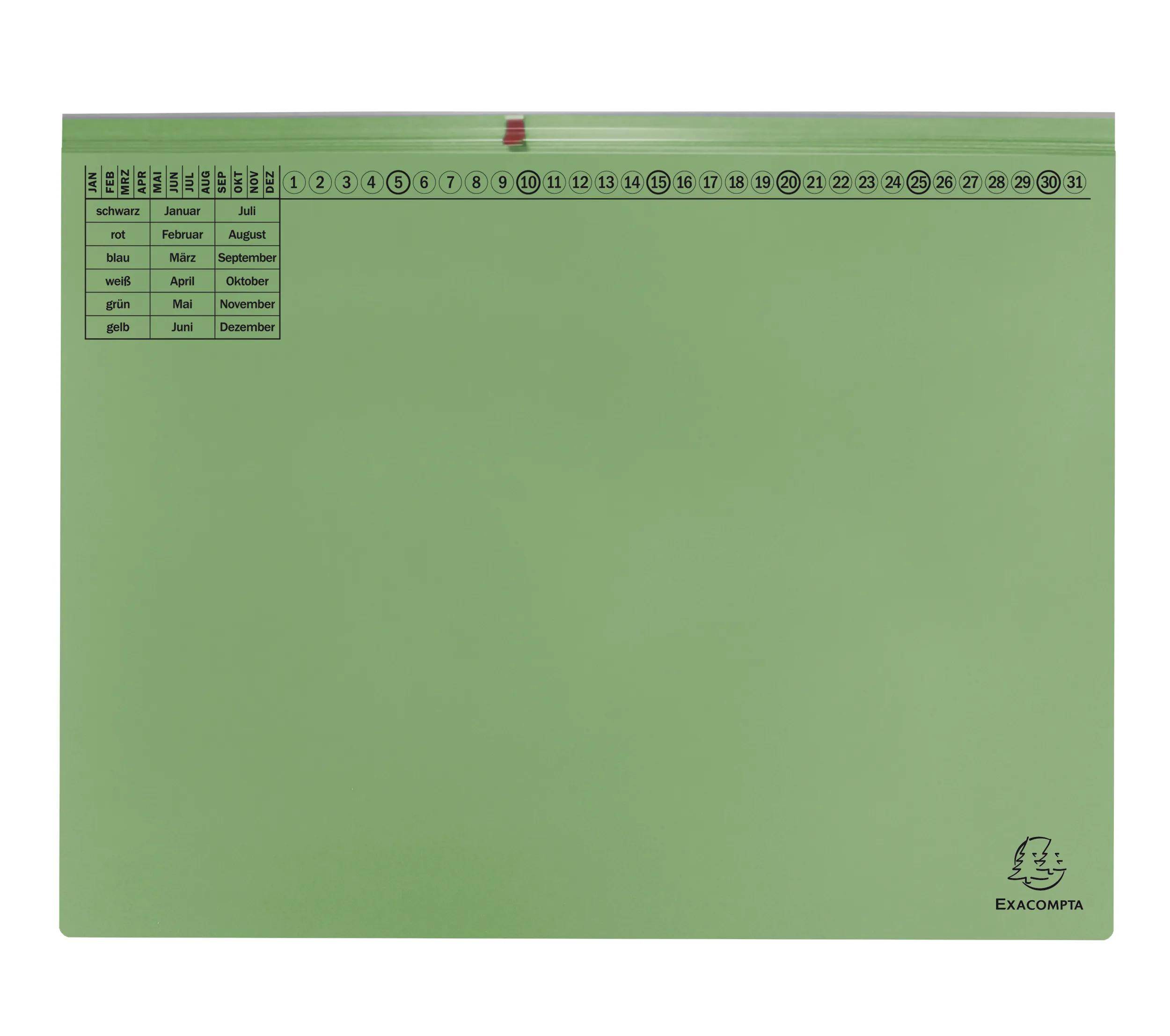 Eine grüne Wandplaner mit einem Raster von Zahlen 1 bis 31 für die Tage des Monats. Die Monate sind darunter auf Niederländisch und Deutsch beschriftet. Markenlogo in der Ecke.