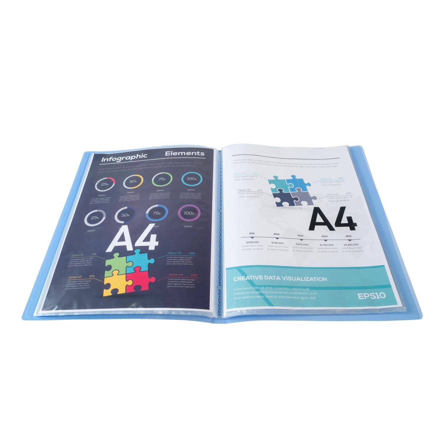 Offener blauer Präsentationsordner mit zwei A4-Infografik-Seiten zu Elementen und kreativer Datenvisualisierung, mit Puzzle-Grafiken und Diagrammen.