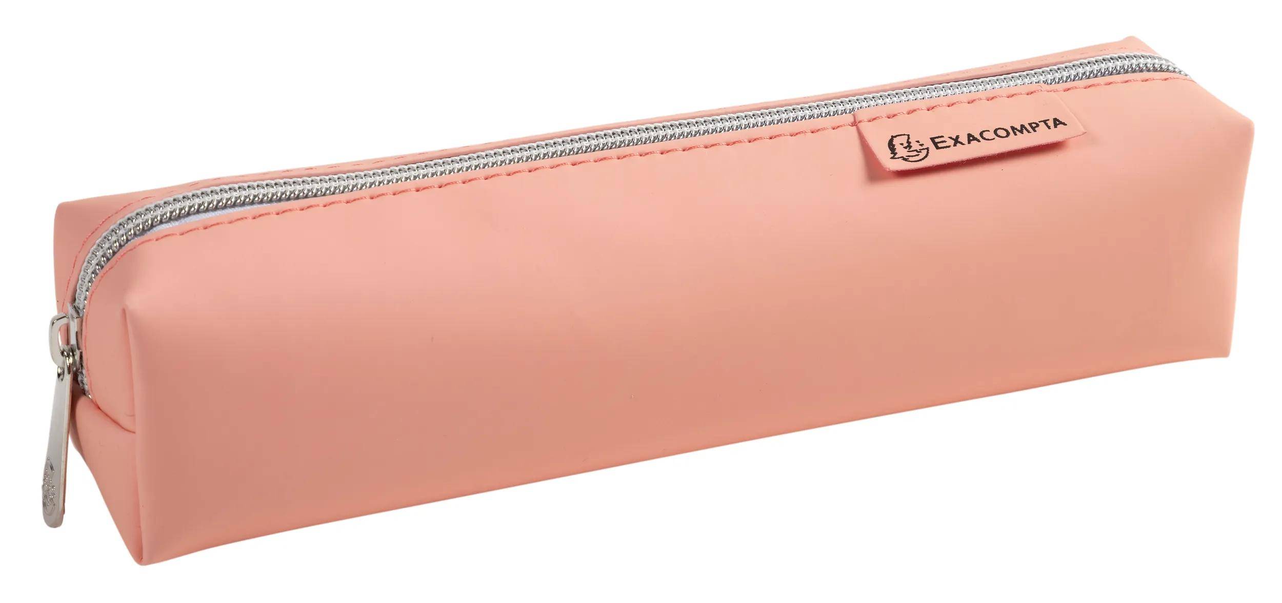 Ein rosa rechteckiger Federmäppchen mit einem Reißverschluss oben und einem kleinen Etikett auf der rechten Seite.