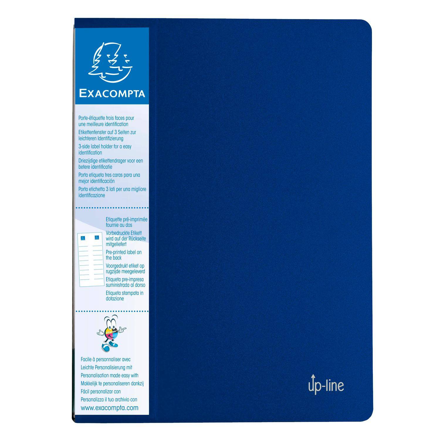 Blaue Exacompta 'up-line' Präsentationsmappe mit abgerundeten Ecken und einer vorderen Beschriftungsleiste zum Abheften und Personalisieren.
