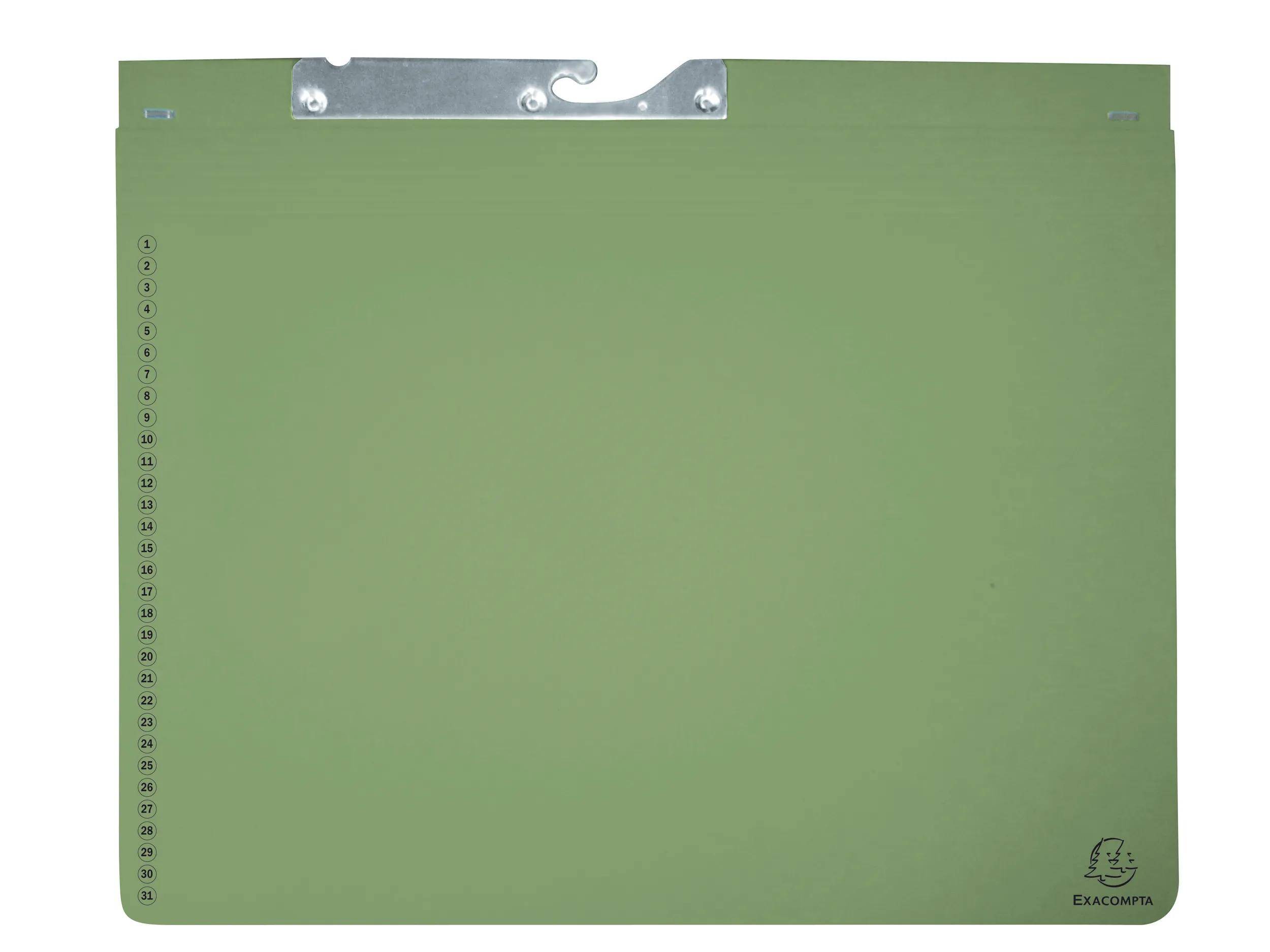 Grüne Aktenmapphe mit Metallverschluss oben, verwendet zur Organis­ation von Dokumenten.