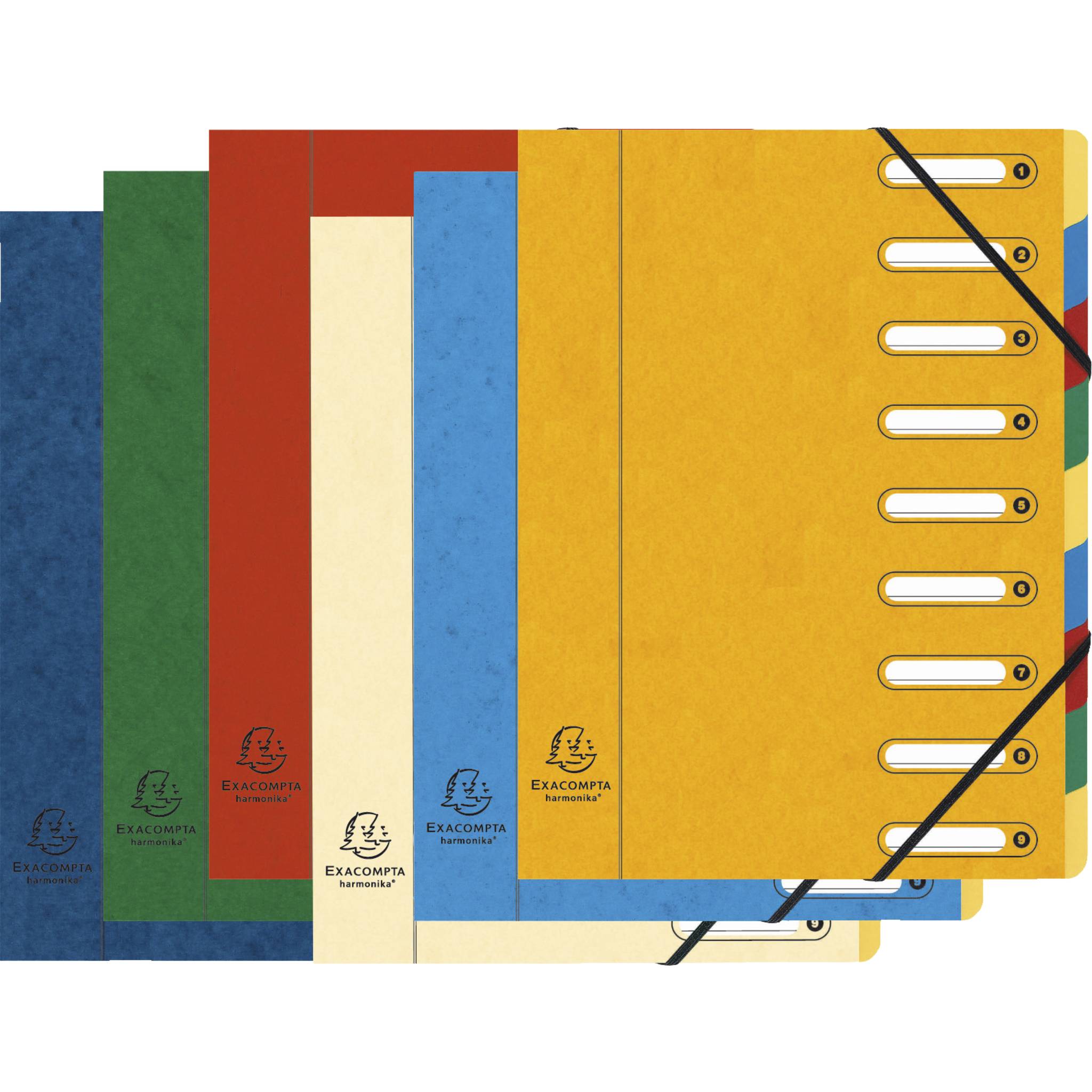 Exacompta 6x Ordnungsmappe HARMONIKA Gummizug Karton 9 Fächer A4 sortiert 5309E