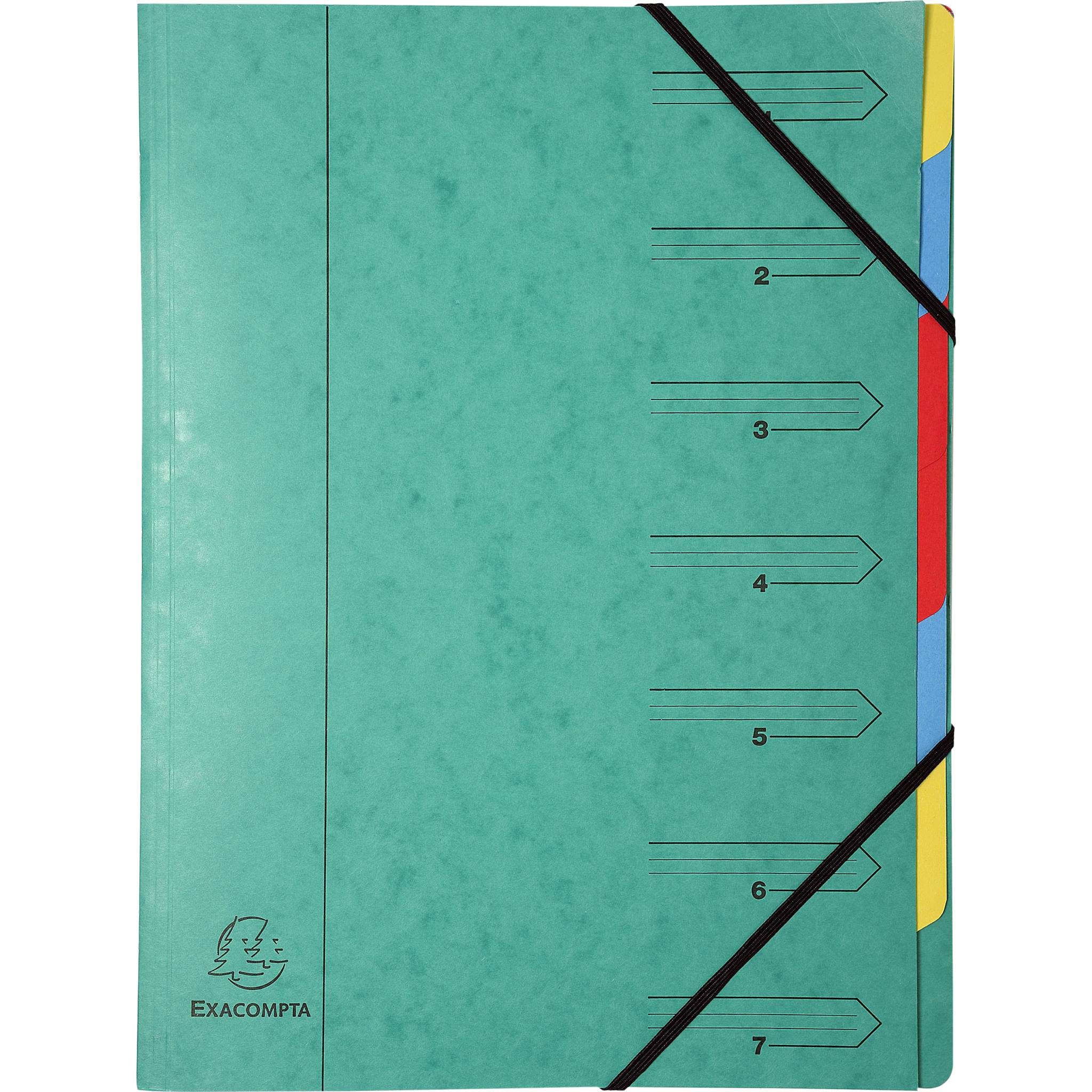 Exacompta 12x Ordnungsmappe Karton 355g/m2 + Gummizug 7 Fächern A4 Grün 54073E