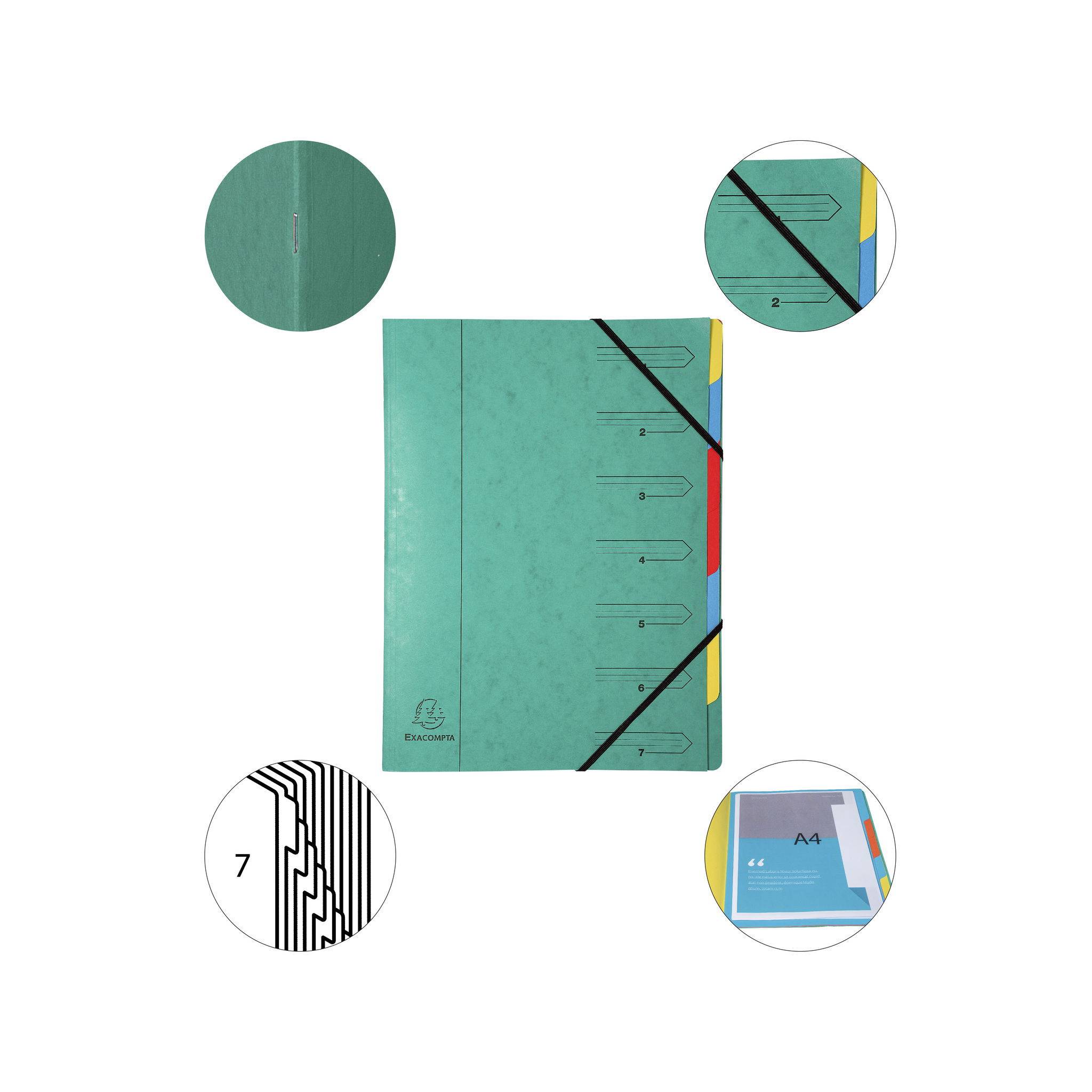 Exacompta 12x Ordnungsmappe Karton 355g/m2 + Gummizug 7 Fächern A4 Grün 54073E
