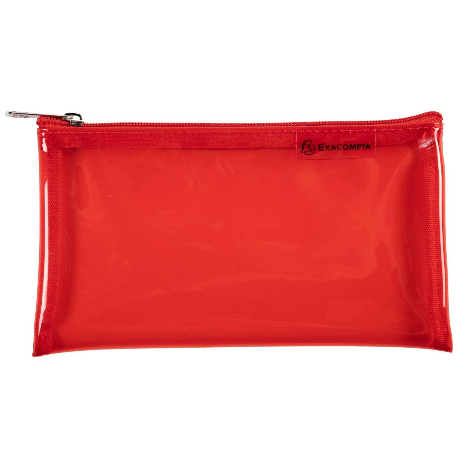 Rote durchsichtige Federtasche mit Reißverschluss und "EXACOMPTA""-Logo auf weißem Hintergrund.