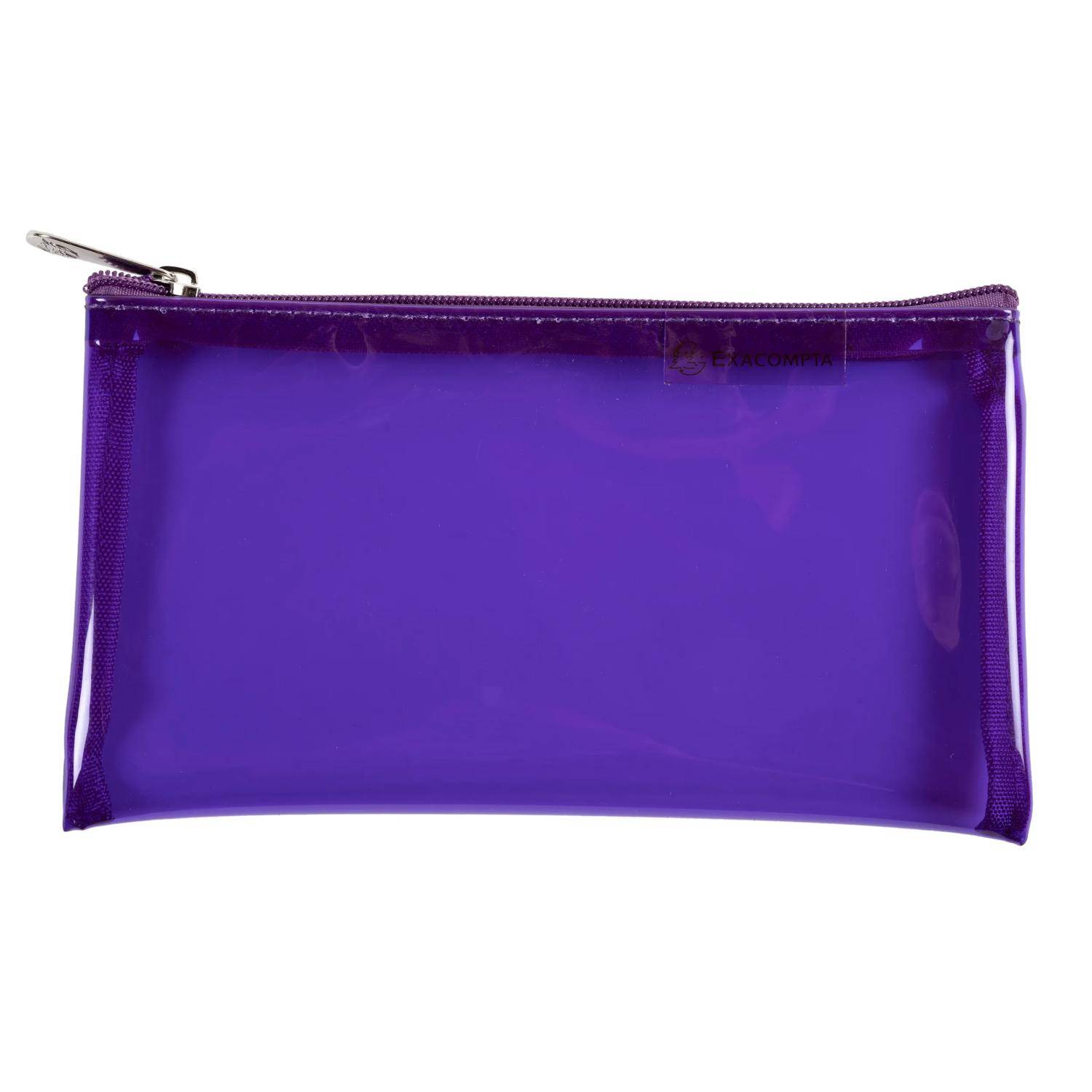 Violette durchscheinende Reißverschlusstasche oder Federmäppchen auf weißem Hintergrund.