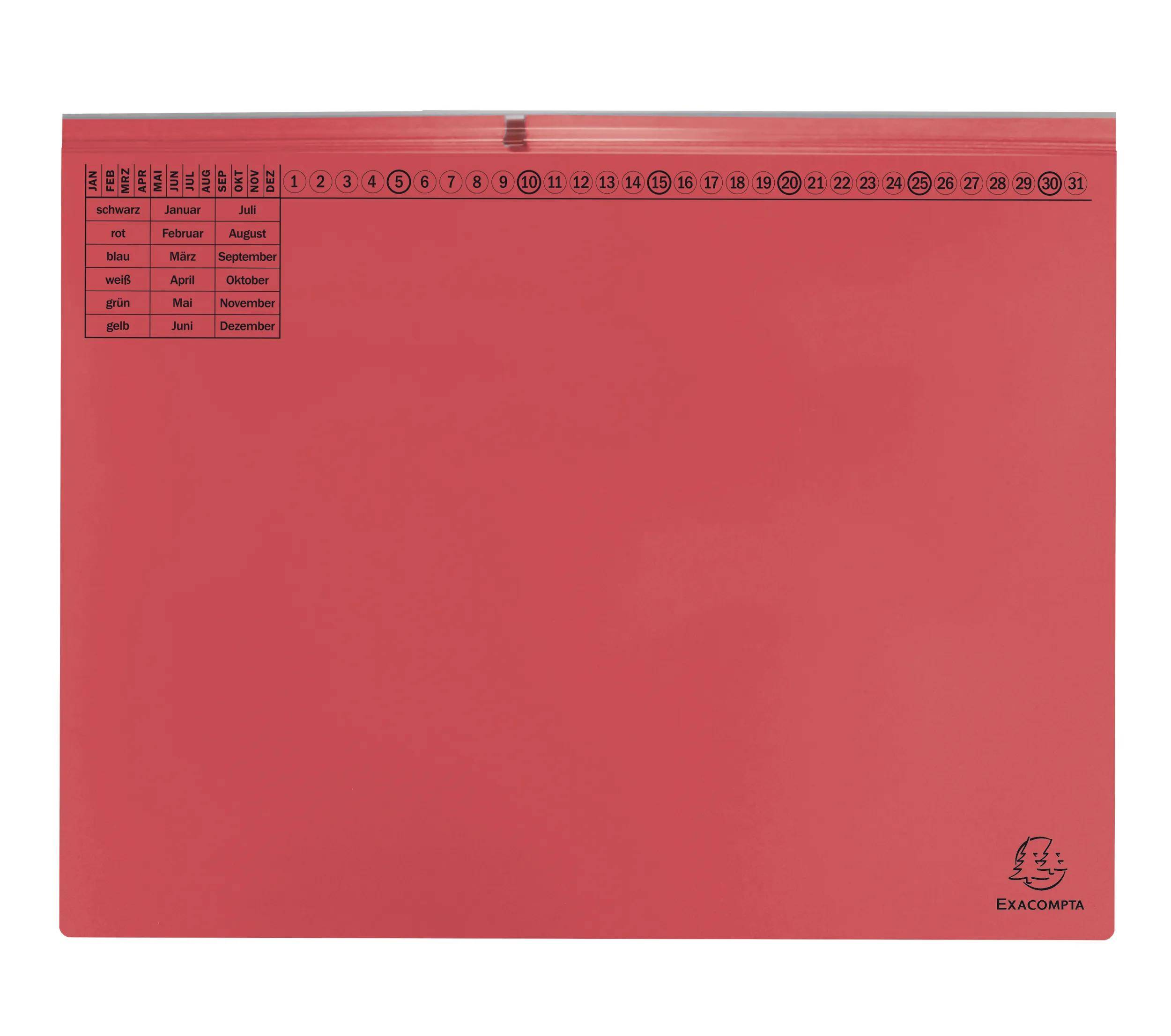 Ein roter Kalender mit einem nummerierten Gitter von 1 bis 31, das die Tage des Monats anzeigt. Deutsche Monatsnamen sind aufgelistet: Januar bis Dezember.