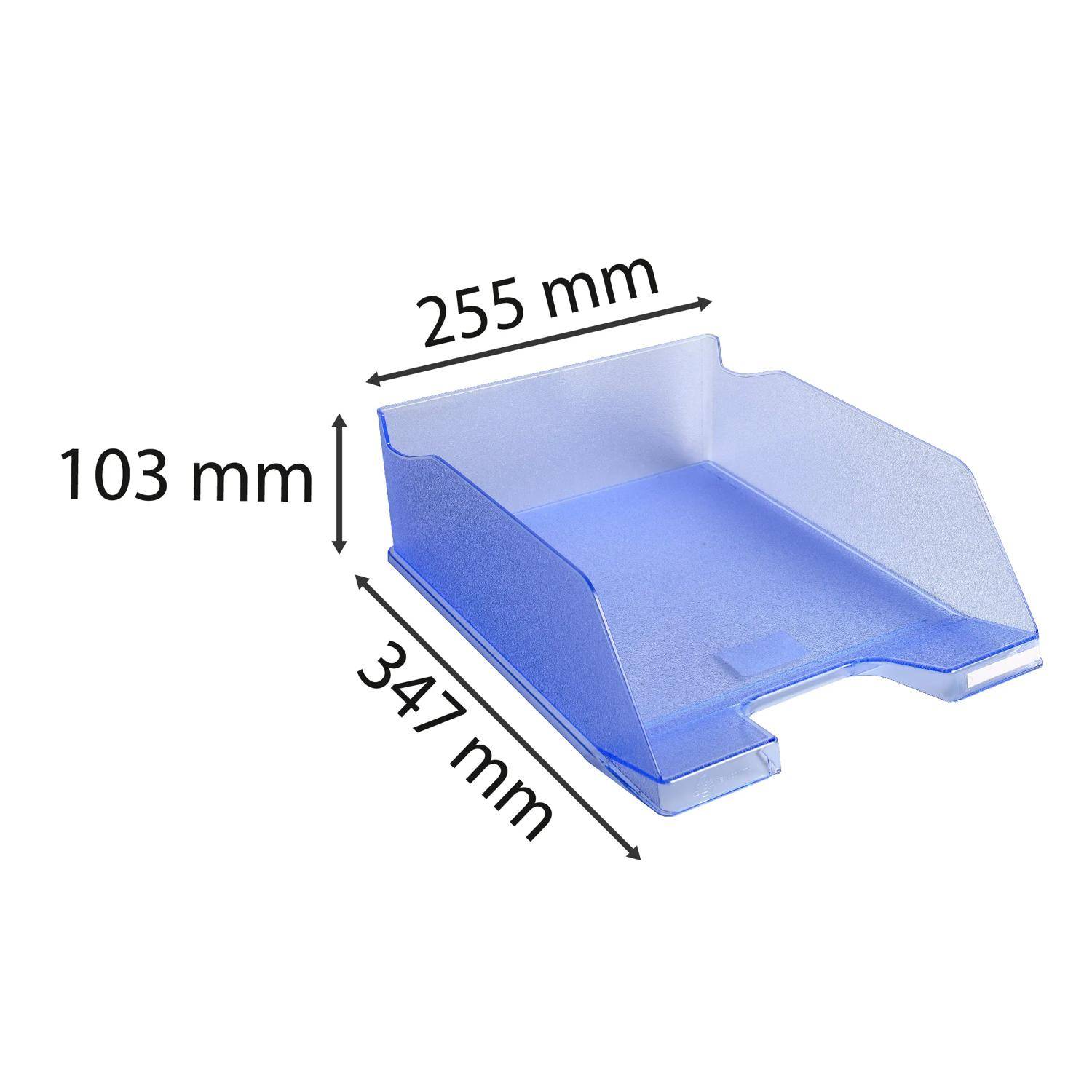 Blauer stapelbarer Kunststoff-Briefablage mit gekennzeichneten Abmessungen von 255 mm Breite, 347 mm Tiefe und 103 mm Höhe.