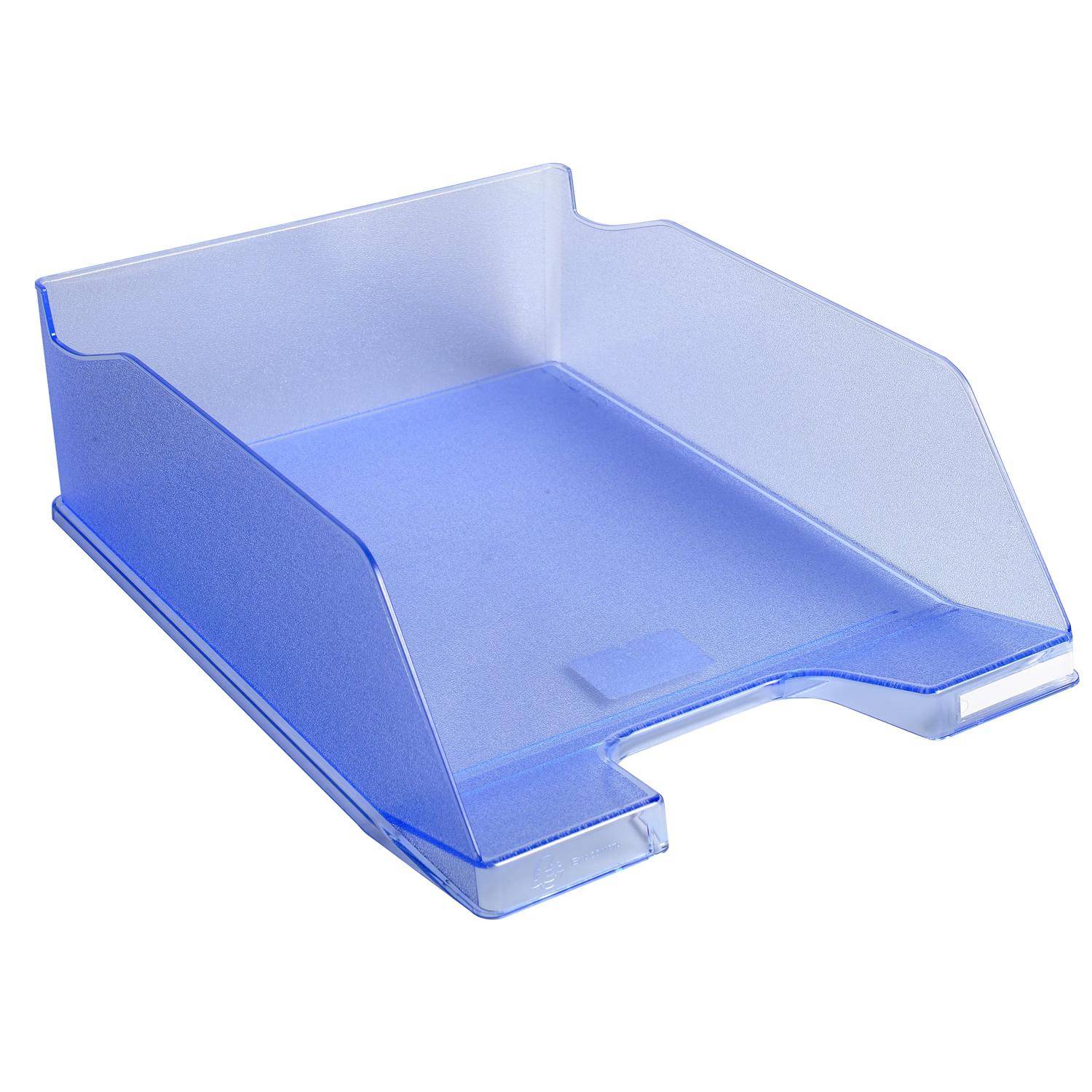 Blauorganizer aus durchsichtigem Kunststoffpapier auf weißem Hintergrund mit hohen Seitenwänden und offener Vorderseite für einfachen Zugriff auf Dokumente.