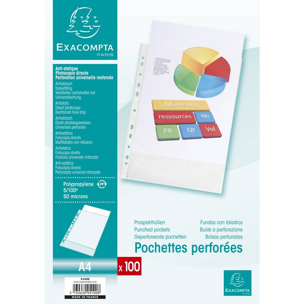 Exacompta 10x Pack 100 Prospekthüllen gelocht genarbtem PP 50µ A4 Kristall 5100E