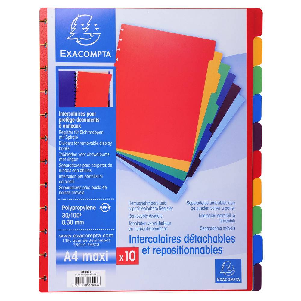 Exacompta 10x Register für Prospekthüllen PP 300µ 10-teilig A4 Maxi 86003E