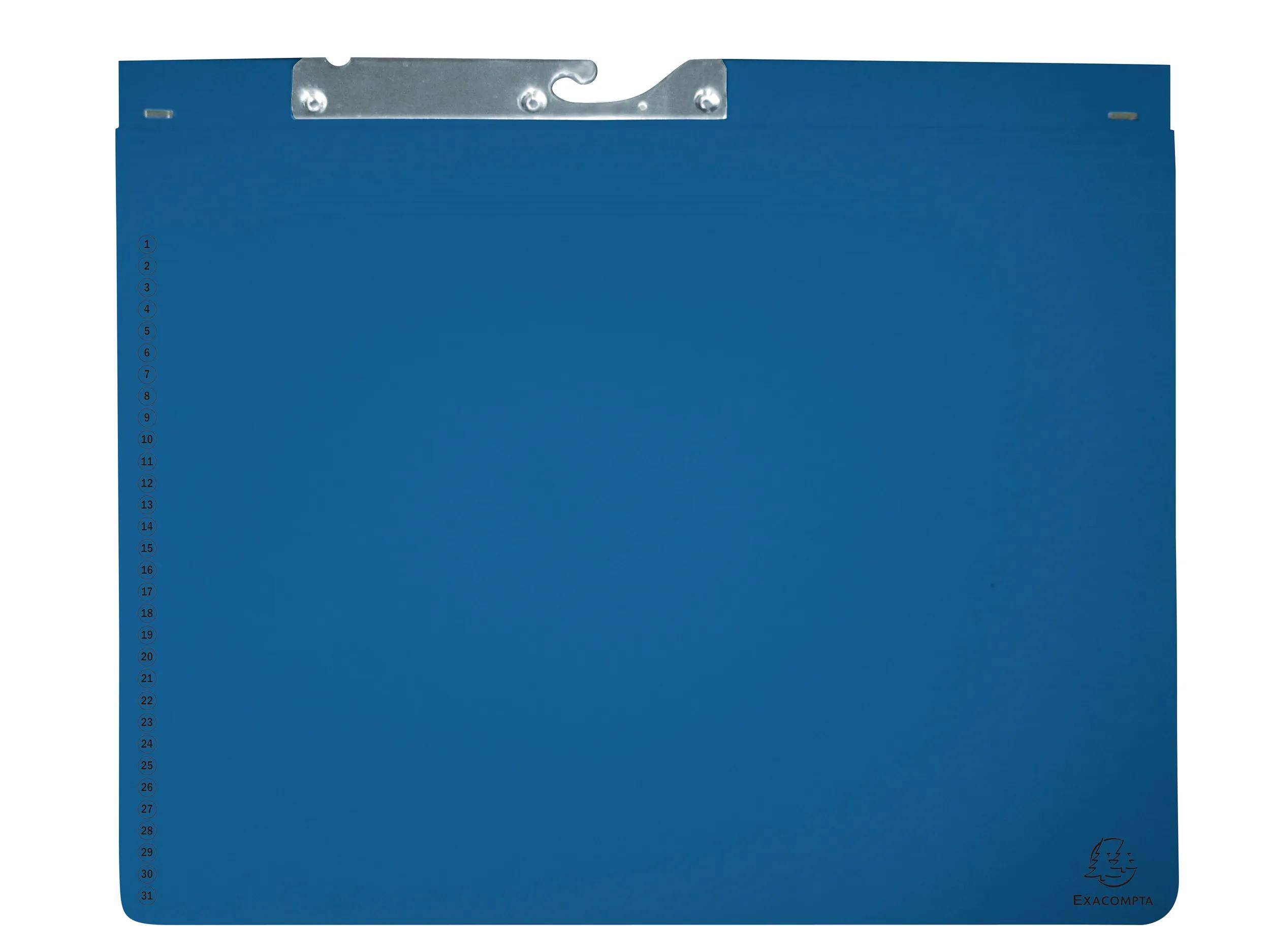 Ein blaues Klemmbrett mit einem Metallclip oben.