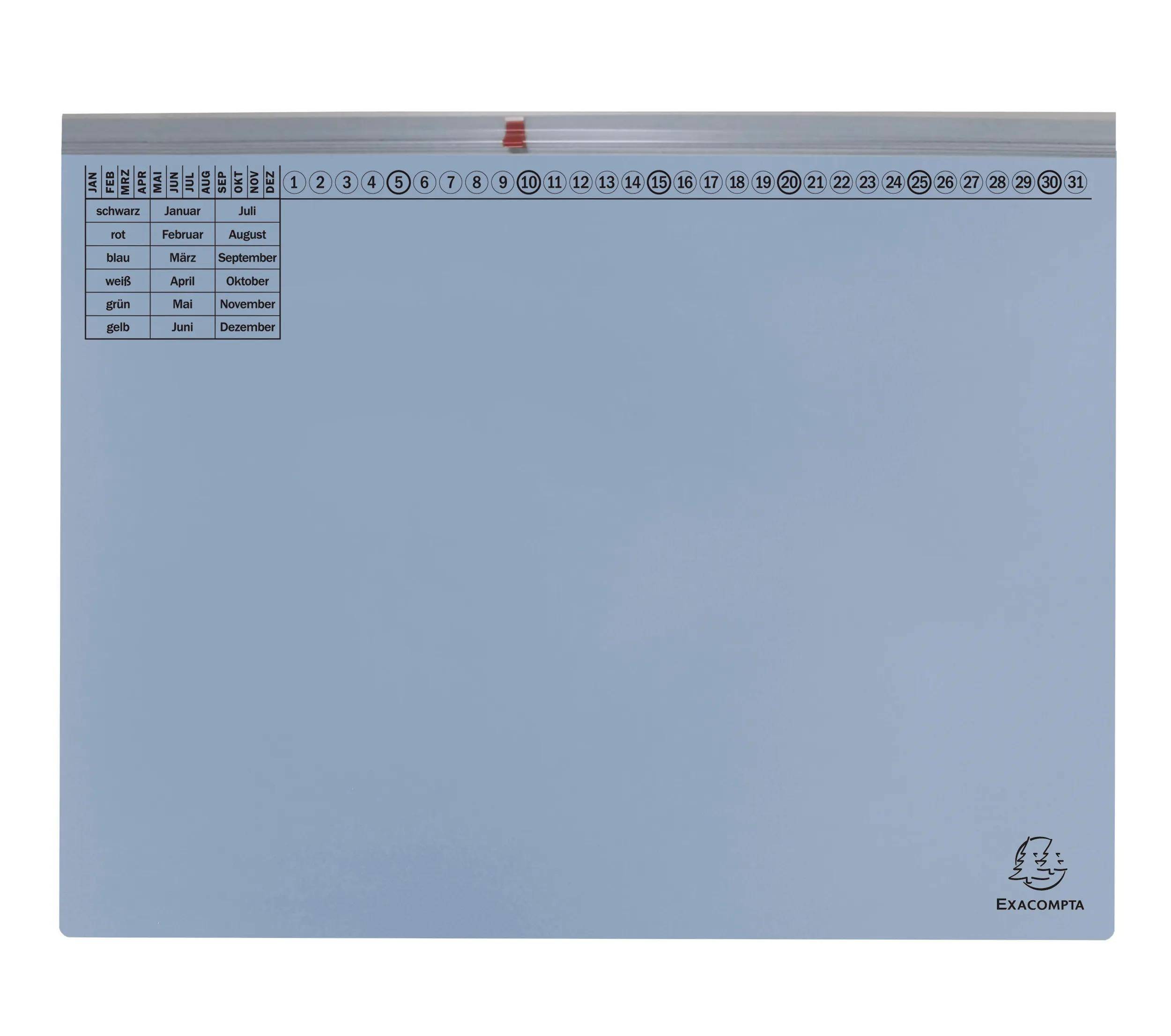 Ein weißer Wandkalender mit Monaten und Tagen, die auf Deutsch und Niederländisch beschriftet sind. Die Marke „Exacompta