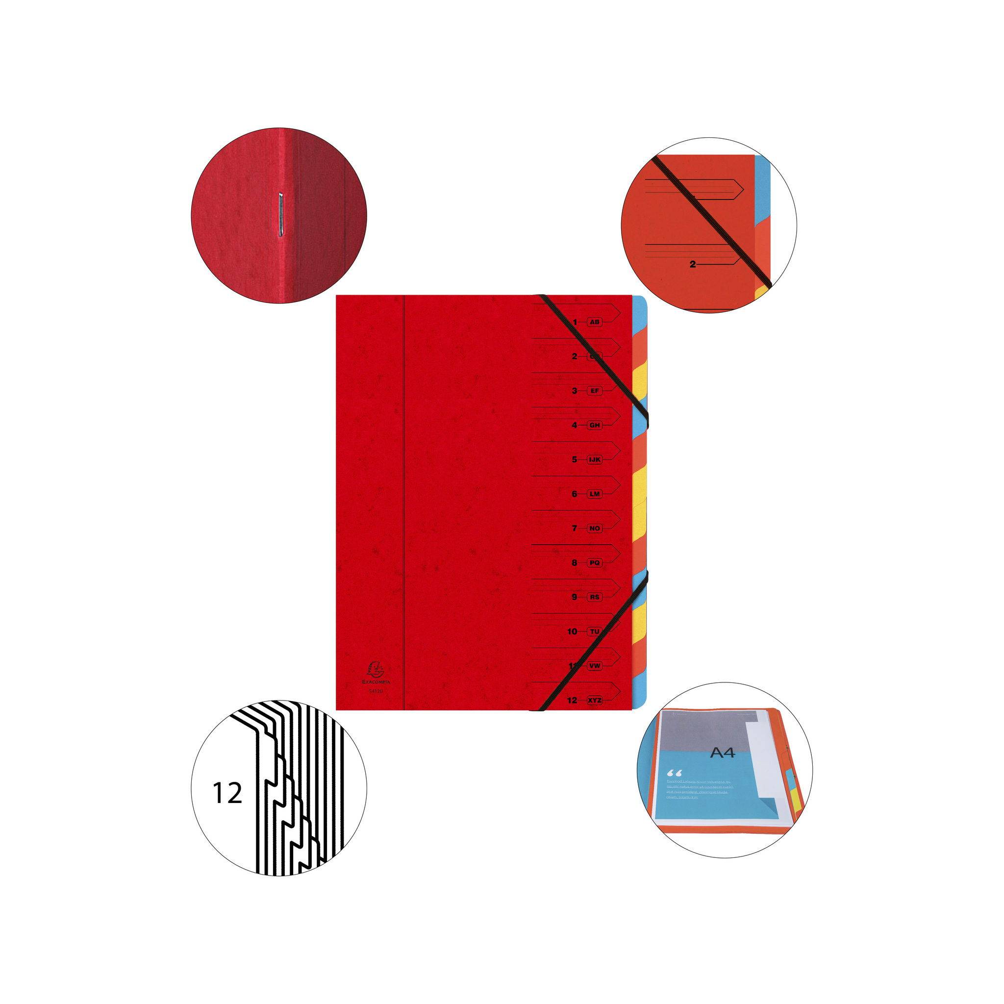 Exacompta 8x Ordnungsmappe Karton 355g/m2 + Gummizug 12 Fächer A4 Rot 54125E