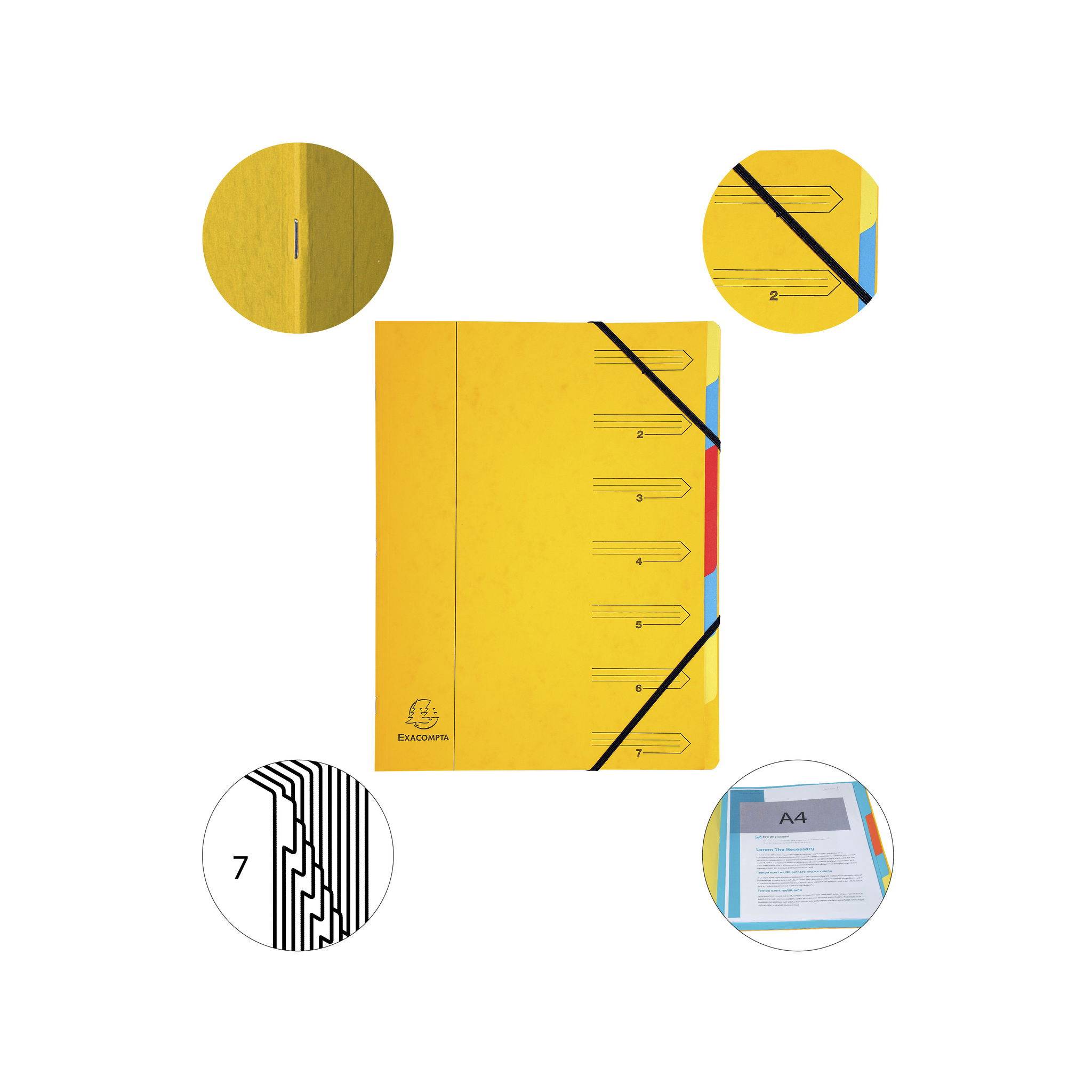 Exacompta 12x Ordnungsmappe Karton 355g/m2 + Gummizug 7 Fächern A4 Gelb 54079E