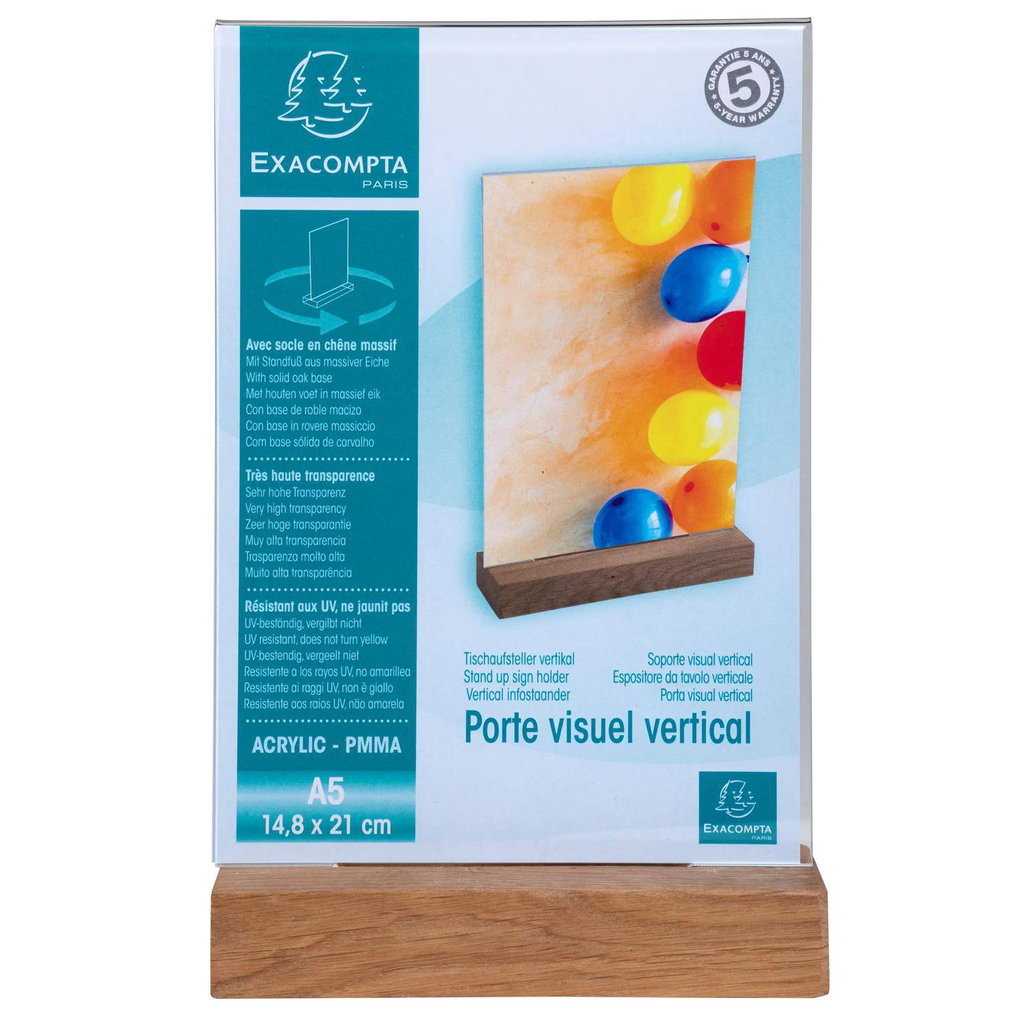 Exacompta A5 vertikales Displayständer mit transparentem Acrylschild auf Holzsockel, gezeigt auf der Produktverpackung.