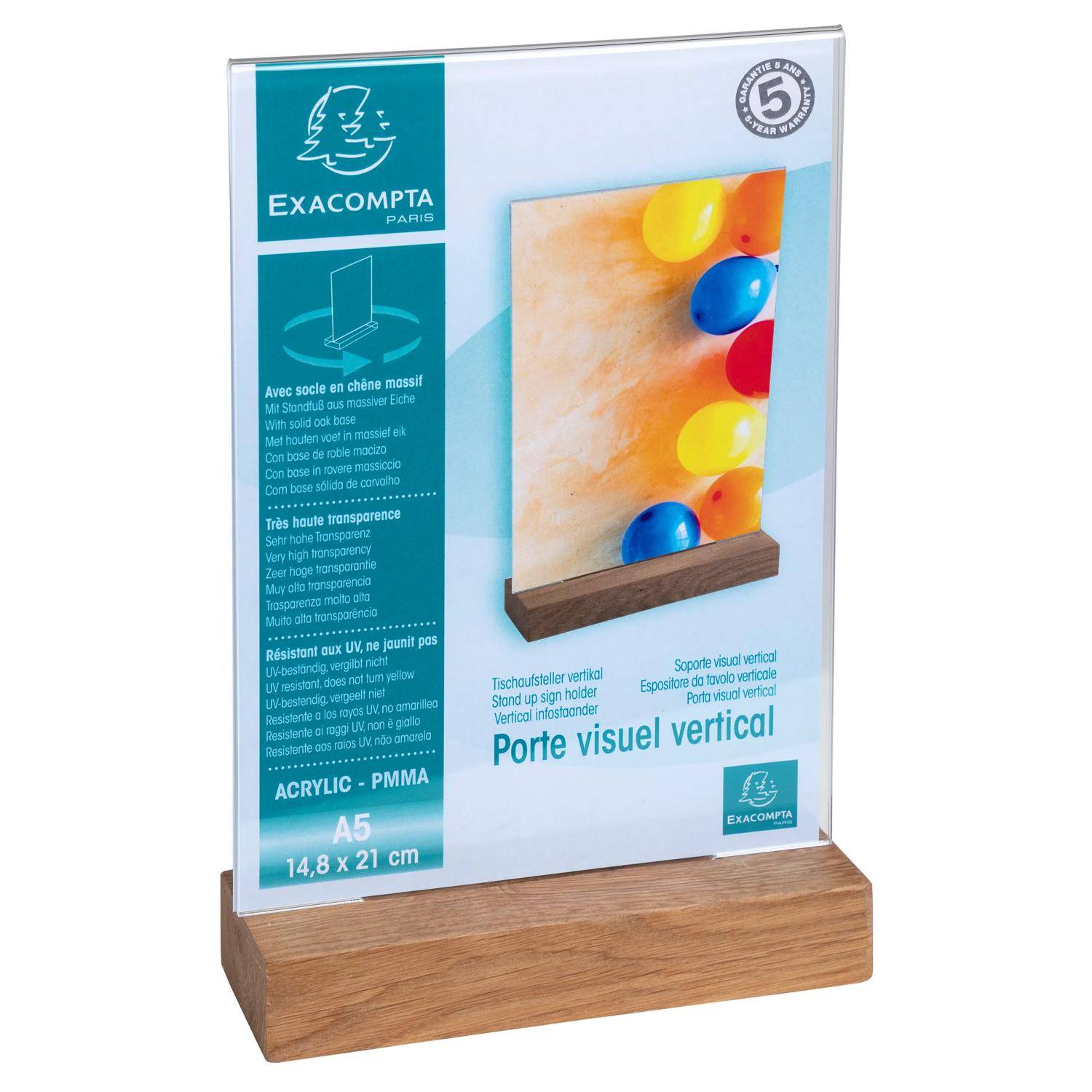 Exacompta Acryl-Displayständer vertikal mit Holzsockel für A5-Plakate, dargestellt mit farbigem Mustereinsatz.