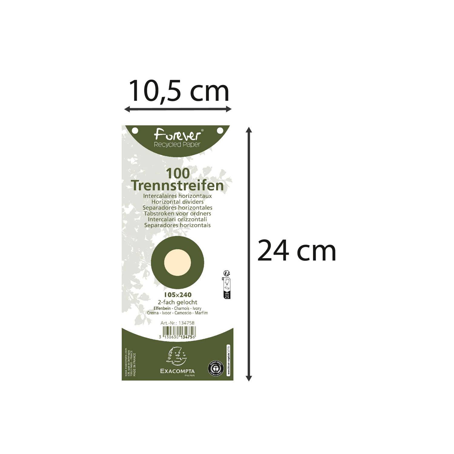 Packung mit 100 wiederverwendbaren Papiertrennschiffen mit der Bezeichnung „Trennstreifen", dargestellt mit den Abmessungen 10,5 cm Breite und 24 cm Höhe.