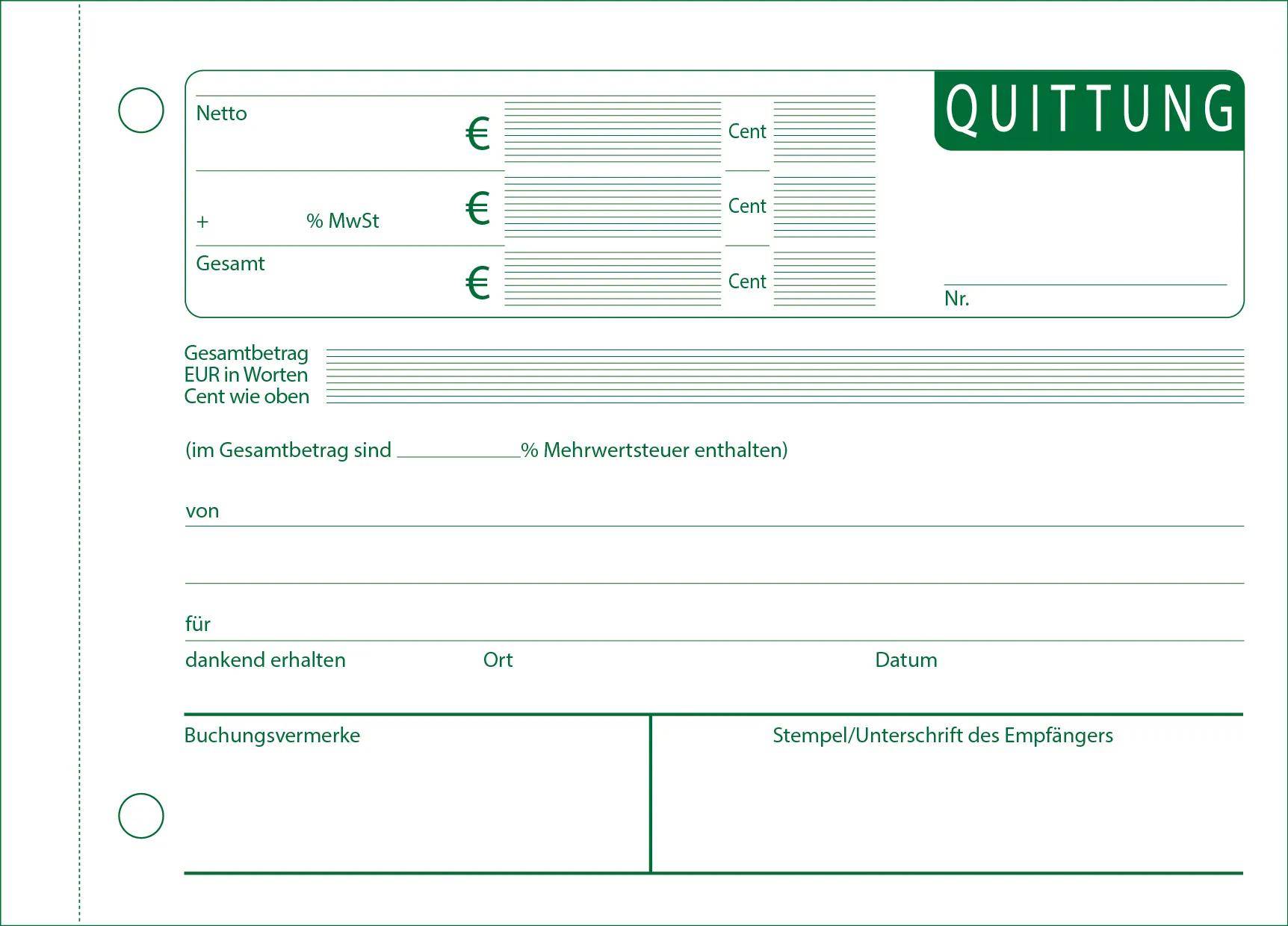 Quittungsformular mit Feldern für Nettosumme, Steuern, Gesamtbetrag, Datum, Ort und Empfängersignatur. Enthält Platzhalter für Währung in Euro und Cent.