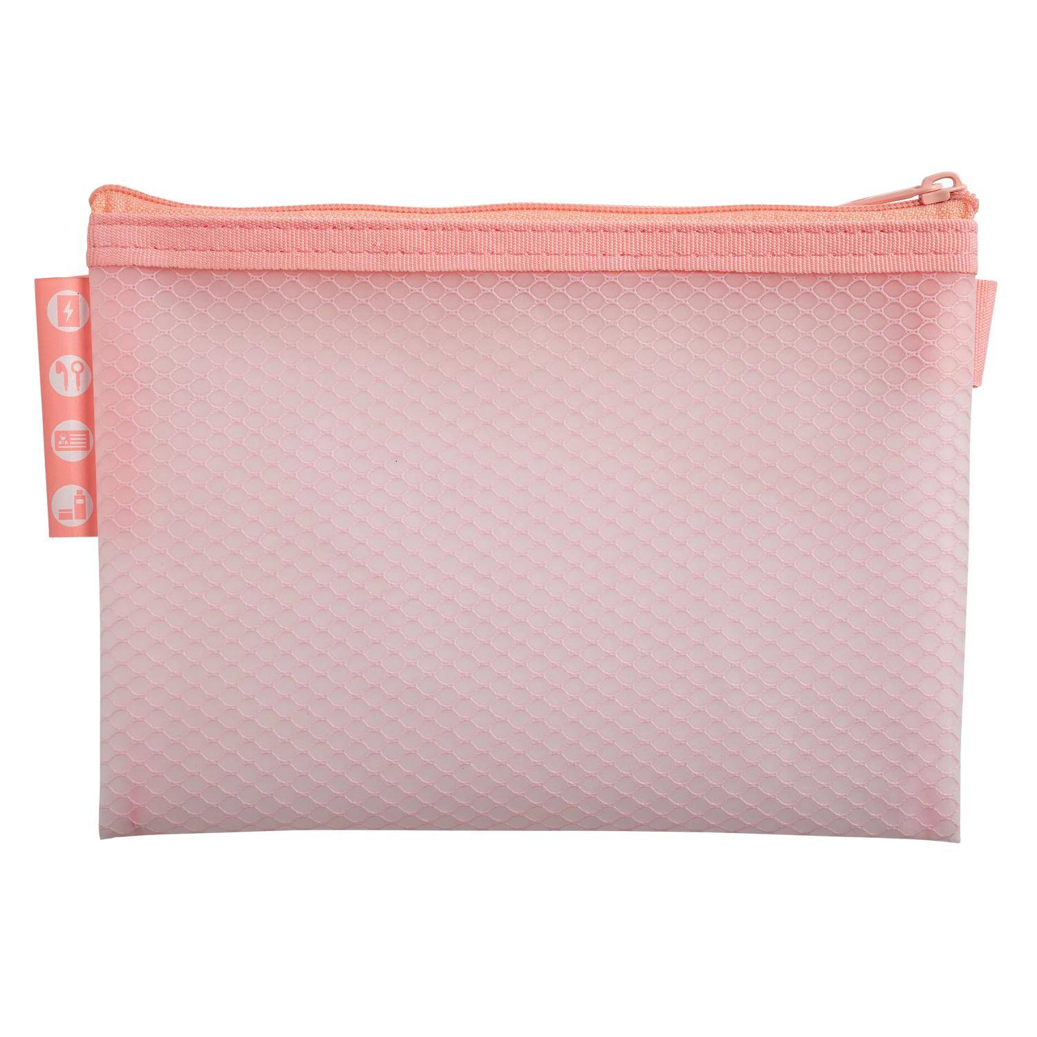 Rosa Netztasche mit Reißverschluss, orangem oberen Reißverschluss und seitlicher Lasche auf weißem Hintergrund.