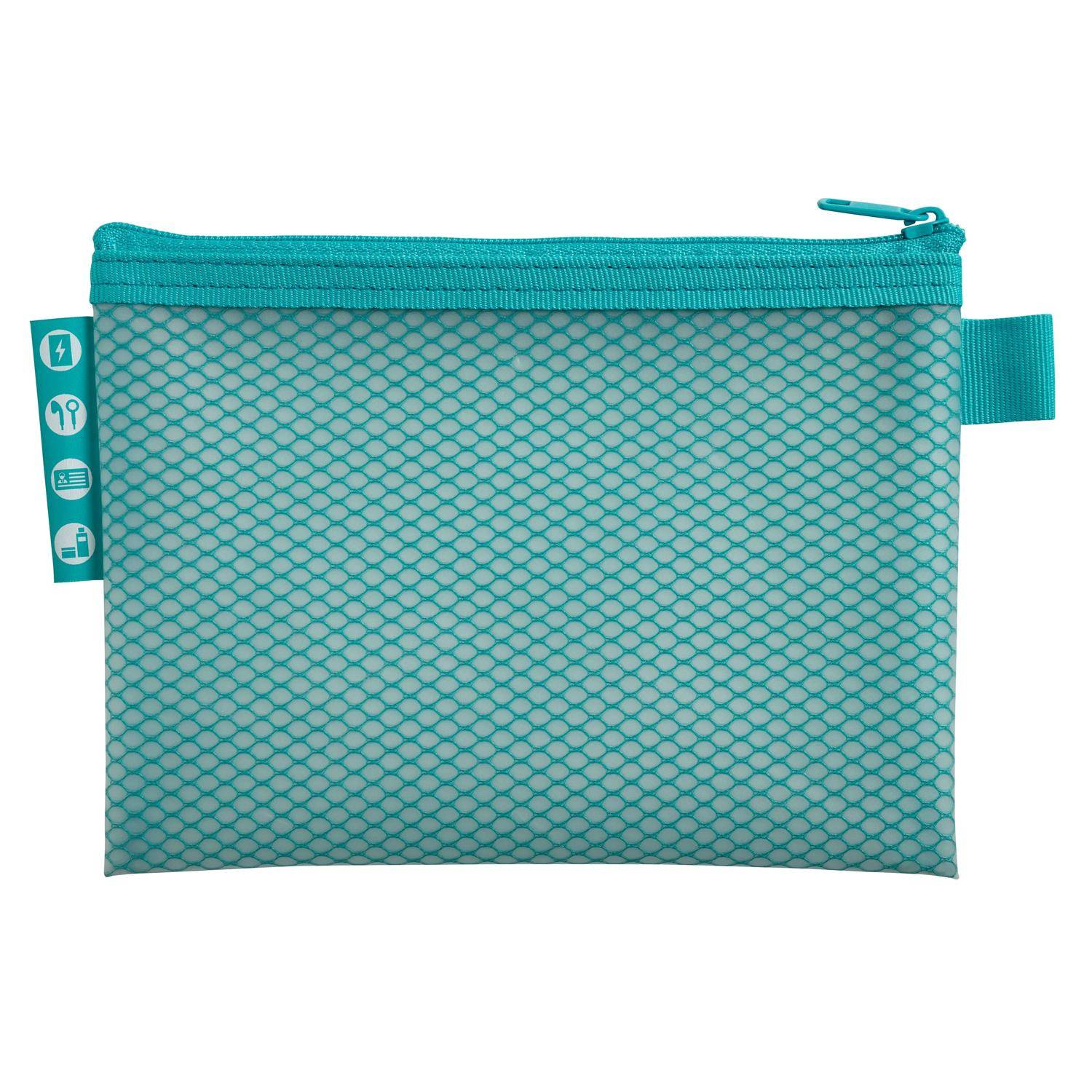 Teal-farbiger Netz-Beutel mit Reißverschluss, kleine Seitenschleife und Anhängeretikett-Symbole, auf einem einfachen weißen Hintergrund gezeigt.