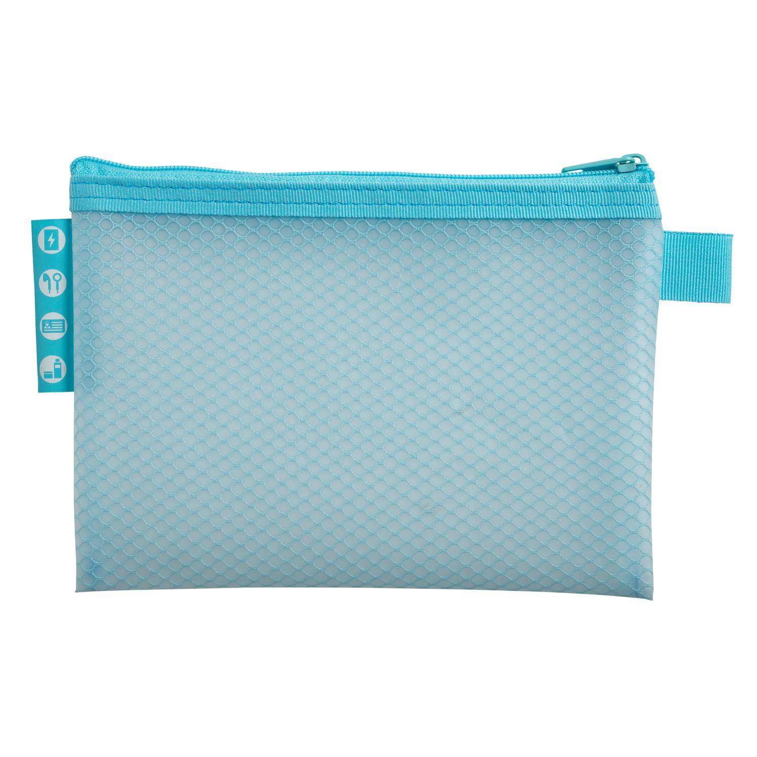Hellblaue Netztasche mit Reißverschluss, Teelblauem Rand, seitlichem Verschluss und Schlaufe zum Aufhängen auf weißem Hintergrund.