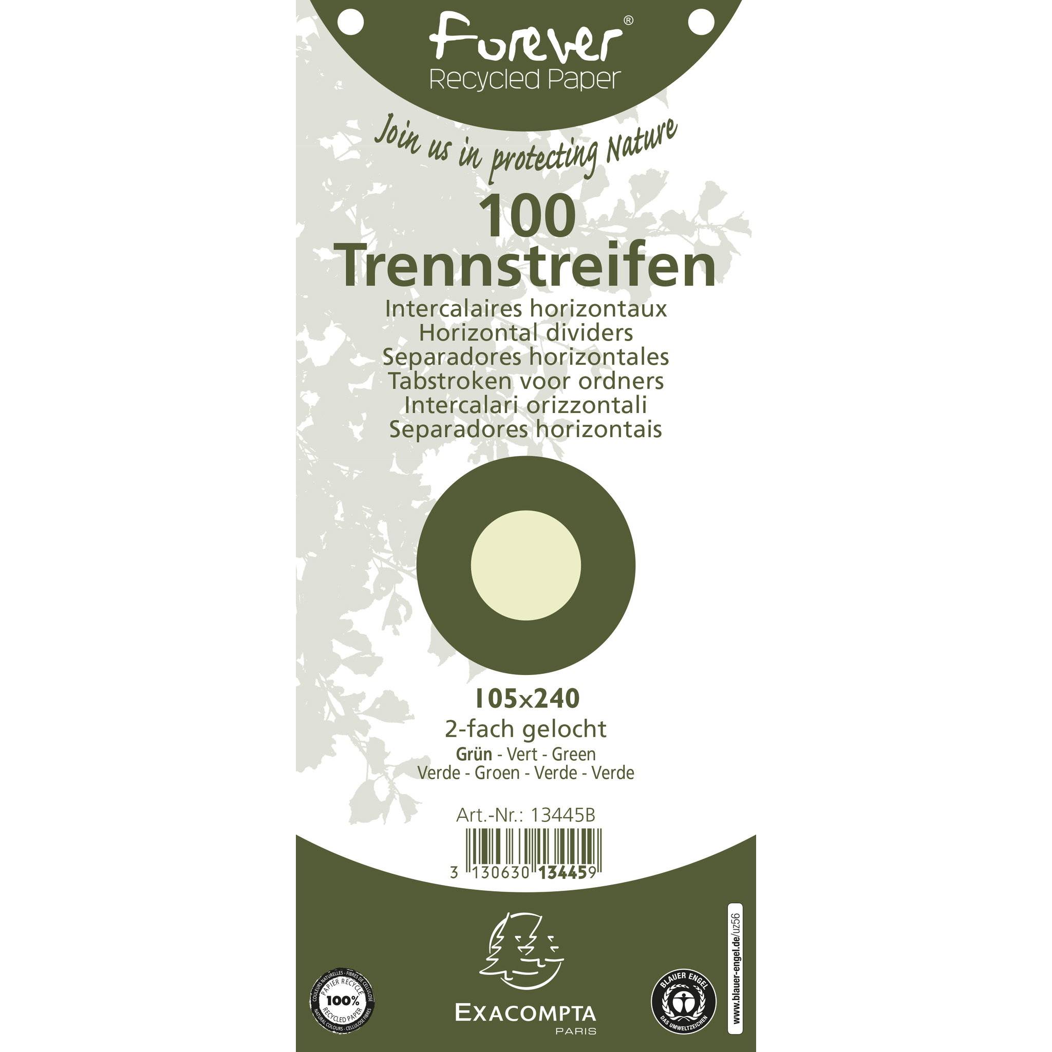 Exacompta 12x 100 Trennstreifen 2-fach gelocht RC Kart 105x240mm Grün 13445B