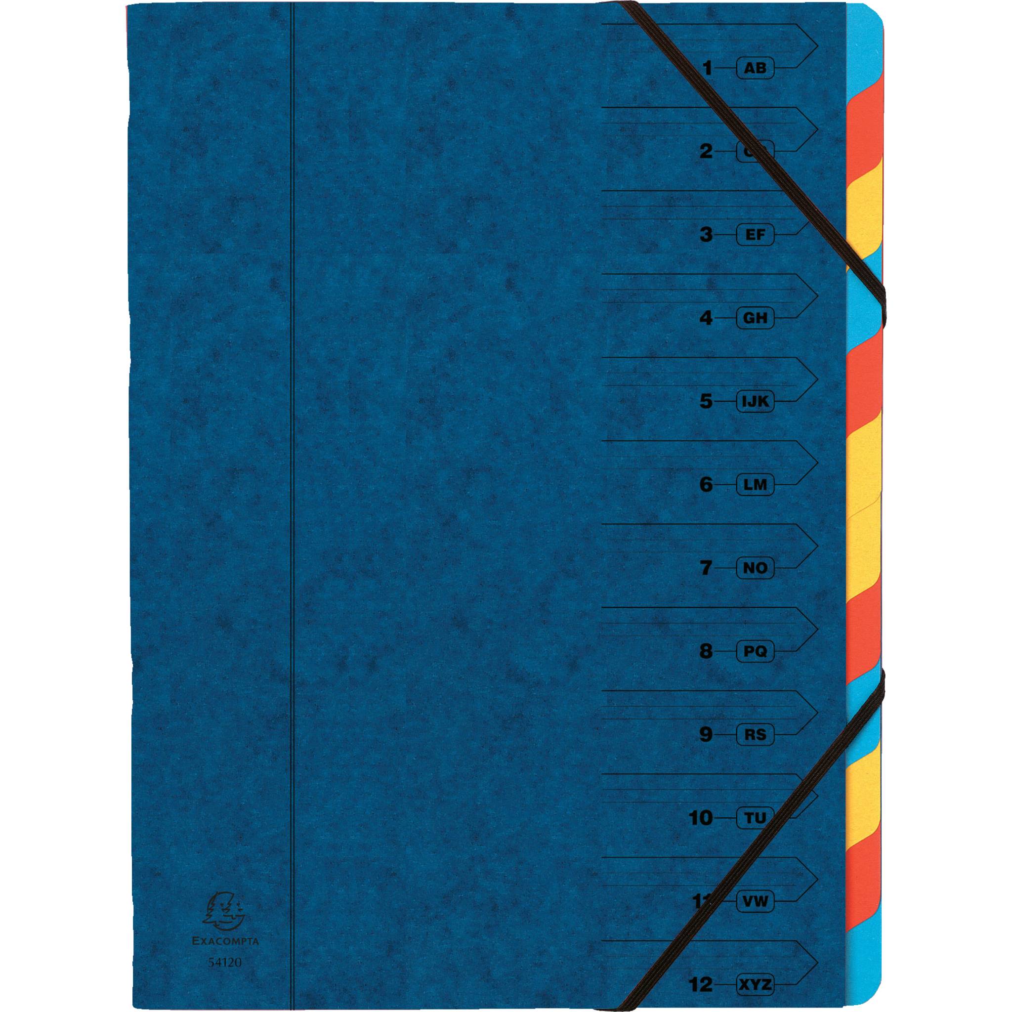 Exacompta 8x Ordnungsmappe Karton 355g/m2 + Gummizug 12 Fächer A4 Blau 54122E