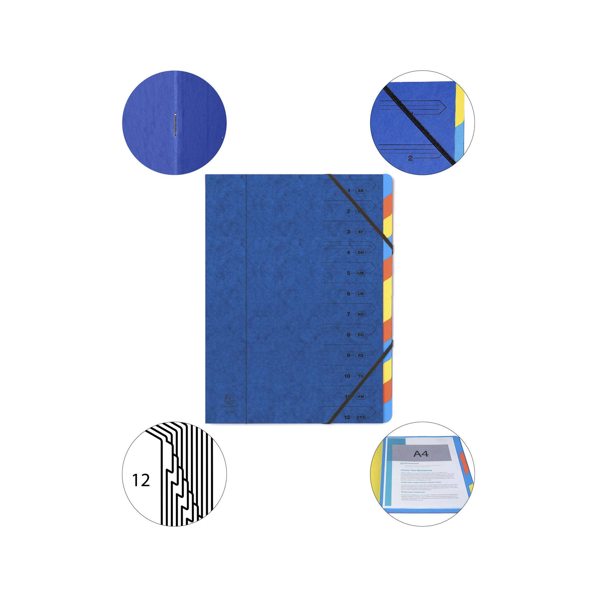 Exacompta 8x Ordnungsmappe Karton 355g/m2 + Gummizug 12 Fächer A4 Blau 54122E