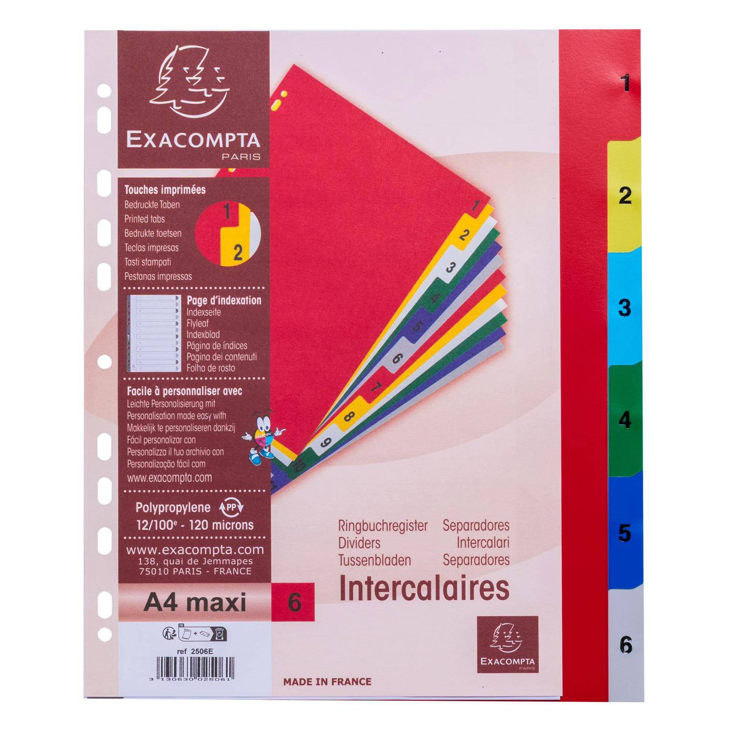 Exacompta A4 Maxi-Ringbuch-Registerkartenset mit sechs farbigen nummerierten Reitern, dargestellt auf der Produktverpackung.