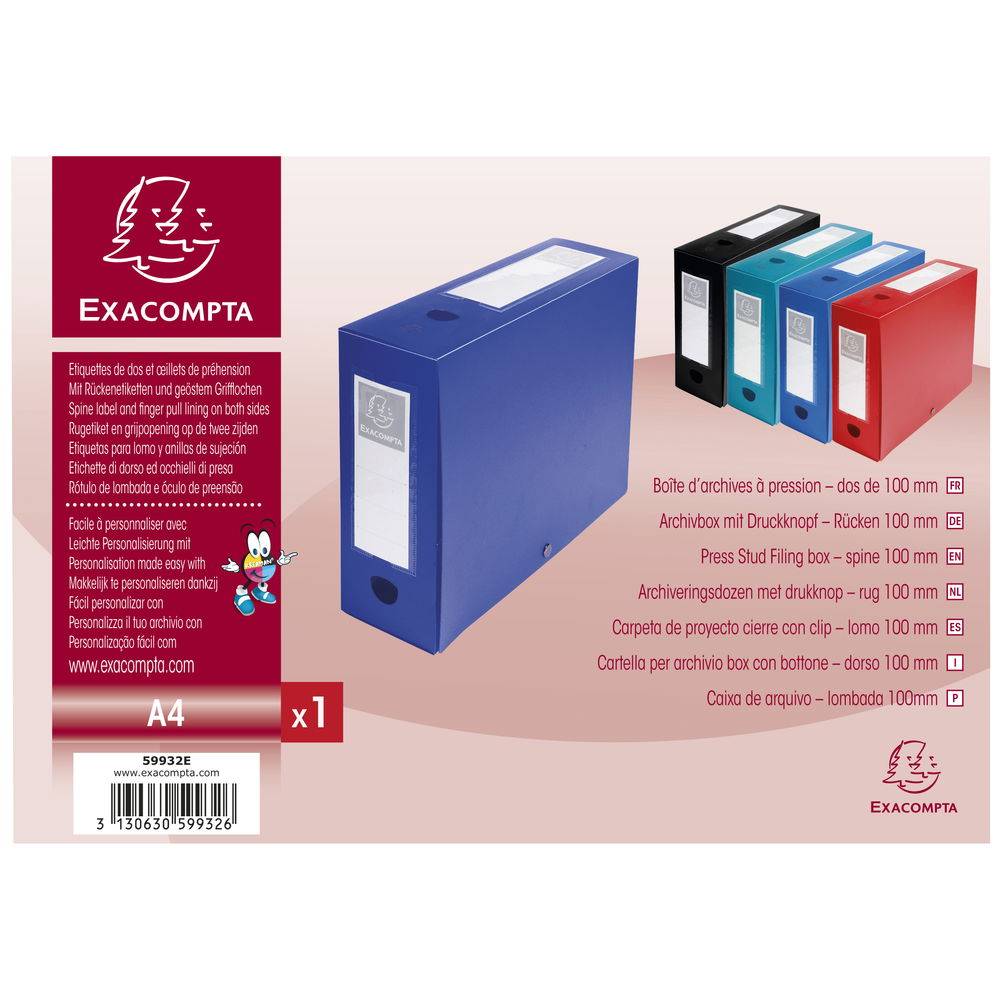 Exacompta 10x Archivbox + Knopf, PP 700µ, Rücken 100mm, A4, Blau, 59932E