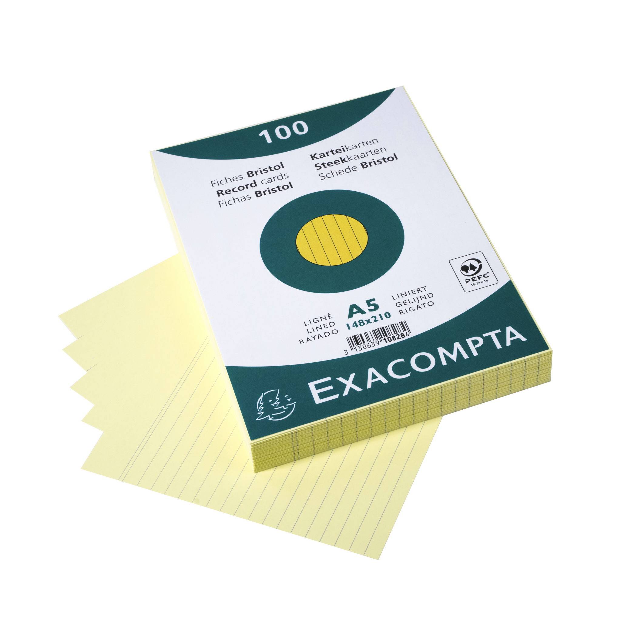 Exacompta 10x Karteikarten A5 liniert, 100 Stück eingeschweißt - Gelb - 10828SE
