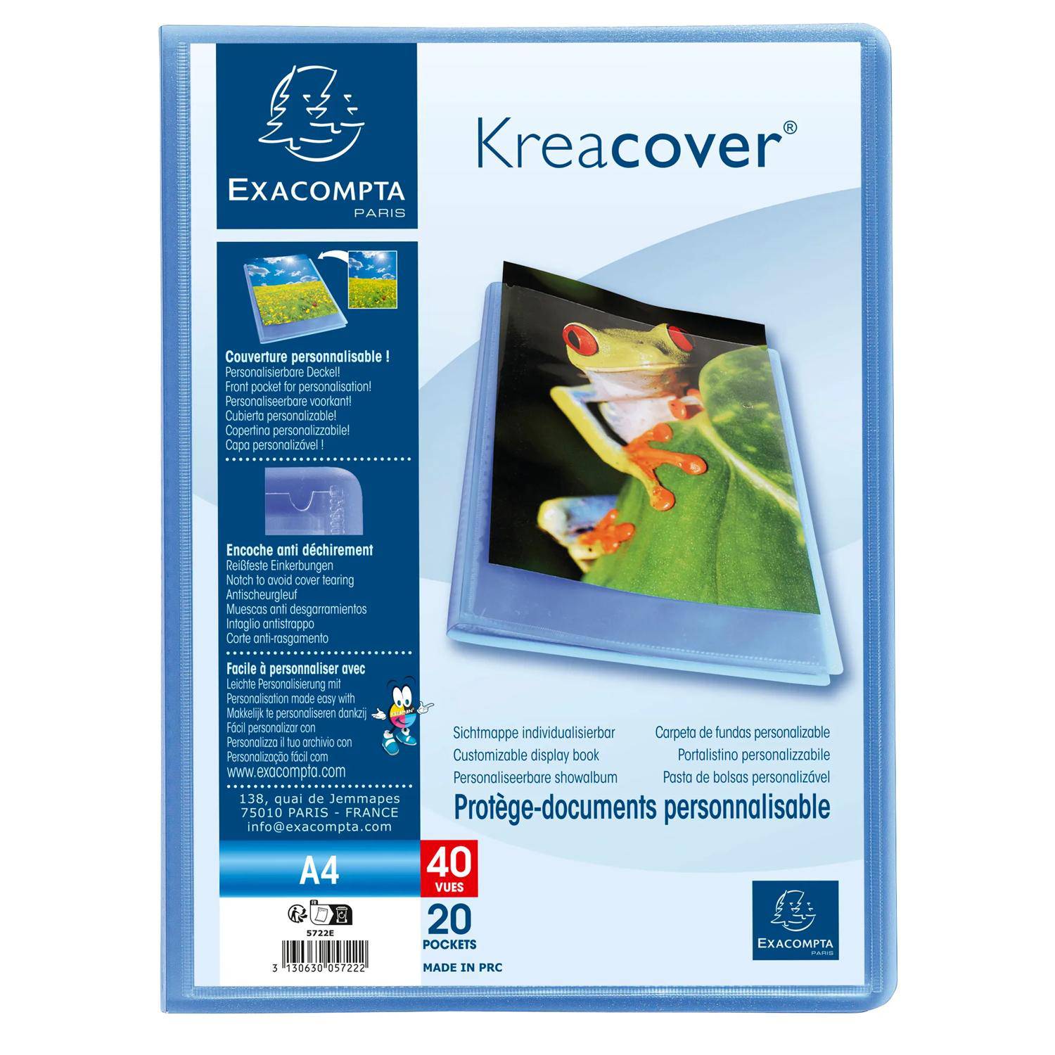 Blaue Exacompta Kreactover A4-Dokumentenmappe mit Froschfoto auf der Vorderseite, mit der Bezeichnung „Protège-documents personnalisable