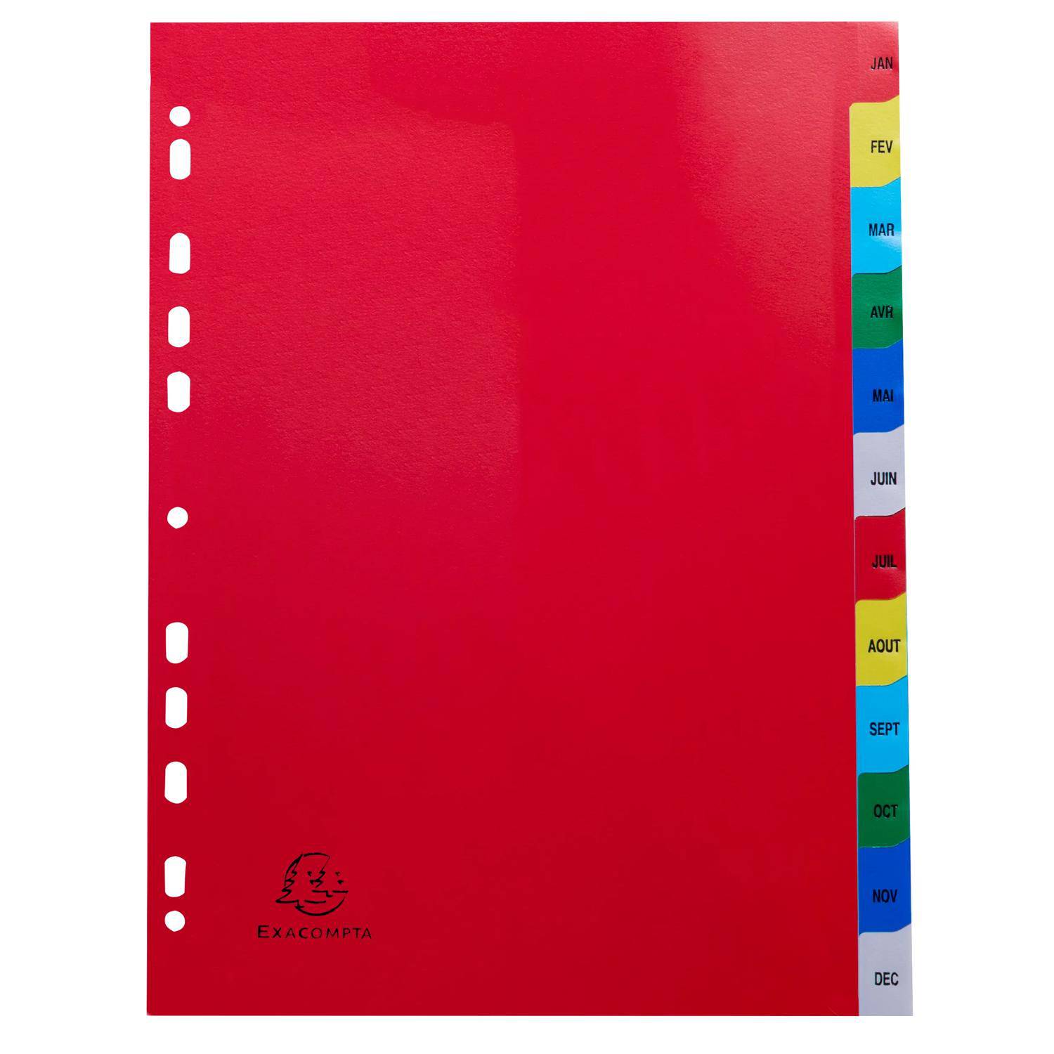 Roter monatlicher Planeritrennblatt mit gelochten Ordnerlöchern auf der linken Seite und farbigen Monatsregitern mit Beschriftung von Januar bis Dezember auf der rechten Seite.