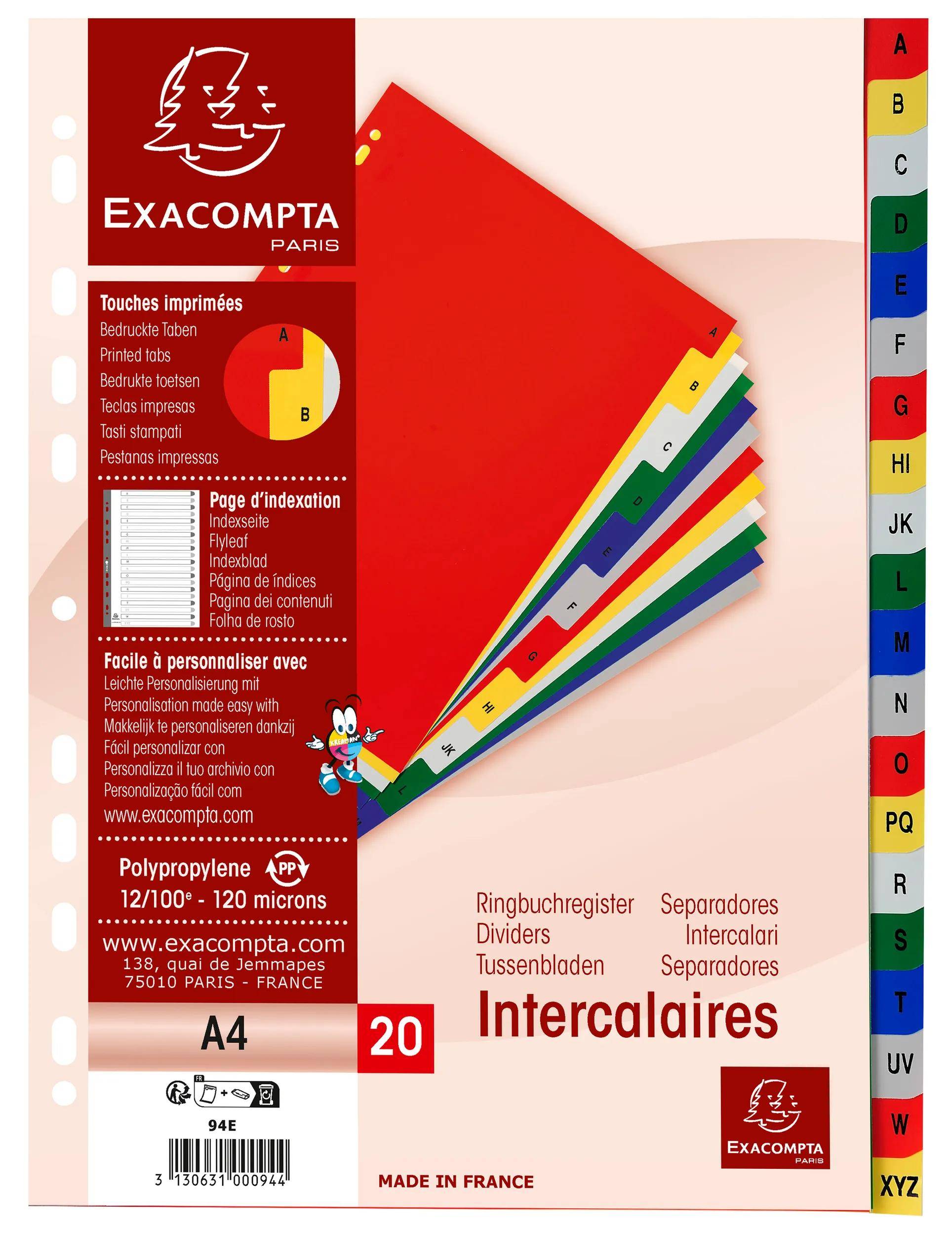 Exacompta A4 Registerstanzset in Rot mit mehrfarbigen Tabs, auf der Verpackung mit Indexetiketten und Produktdetails abgebildet.