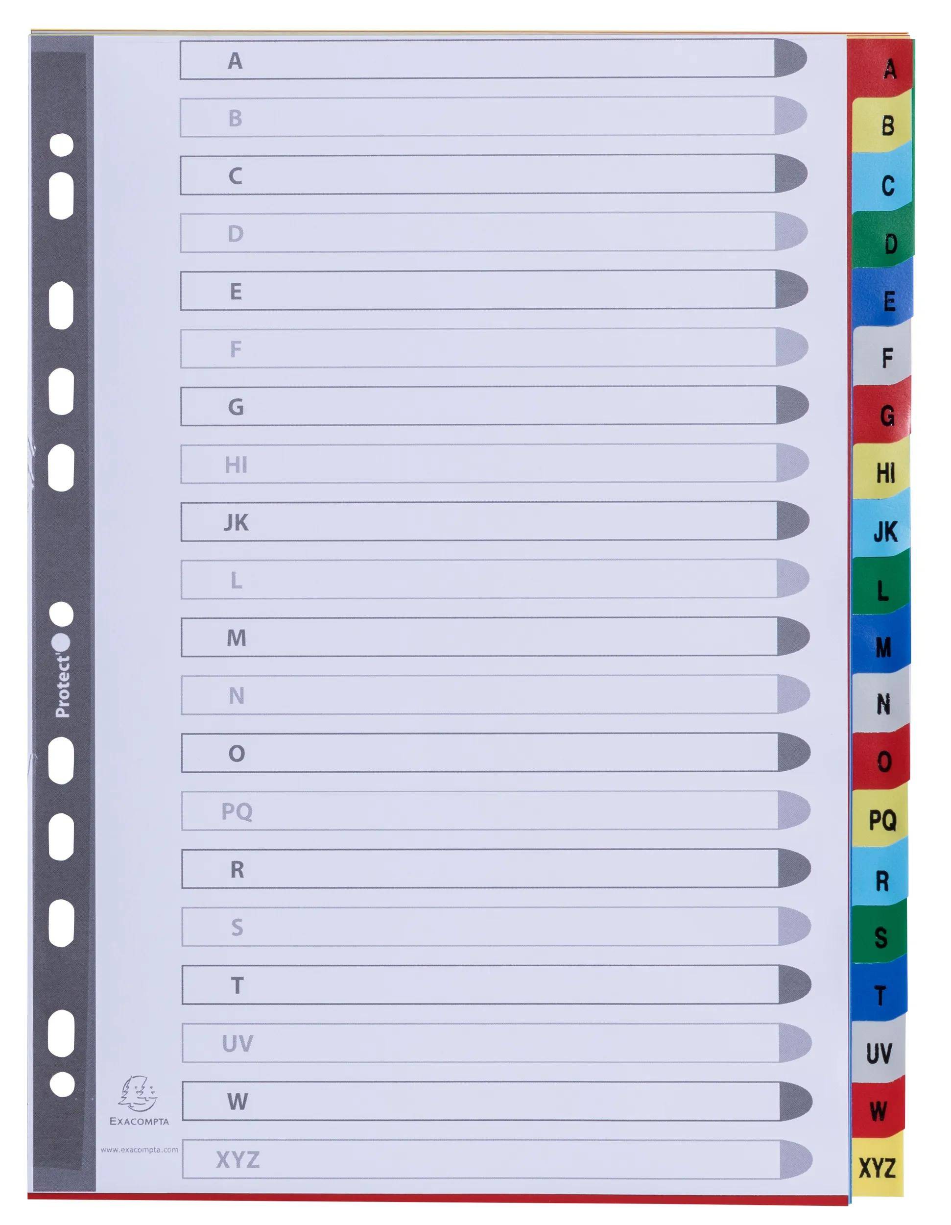 Alphabetisches Registerblatt mit Reitern für einen Ordner, beschriftet von A bis XYZ mit farbigen Reitern an der rechten Kante und Lochungen auf der linken Seite.