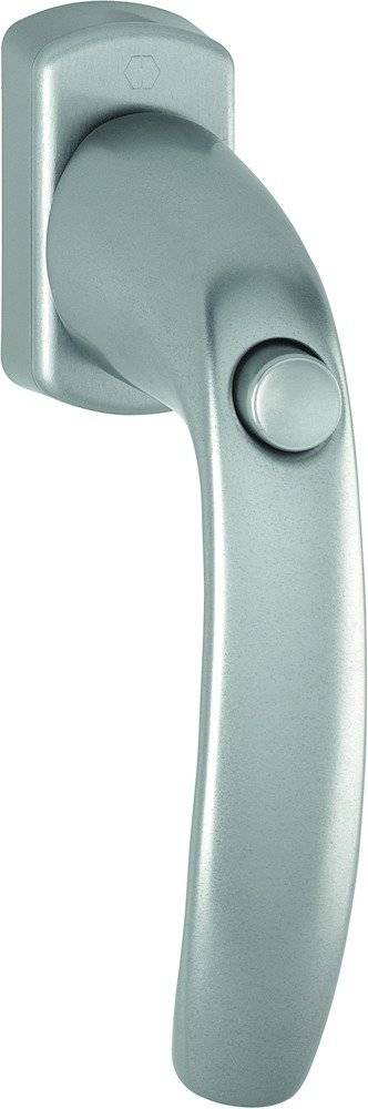 Nahaufnahme eines metallischen Türgriffs auf weißem Hintergrund, die seine Textur und sein schlankes Design zeigt.