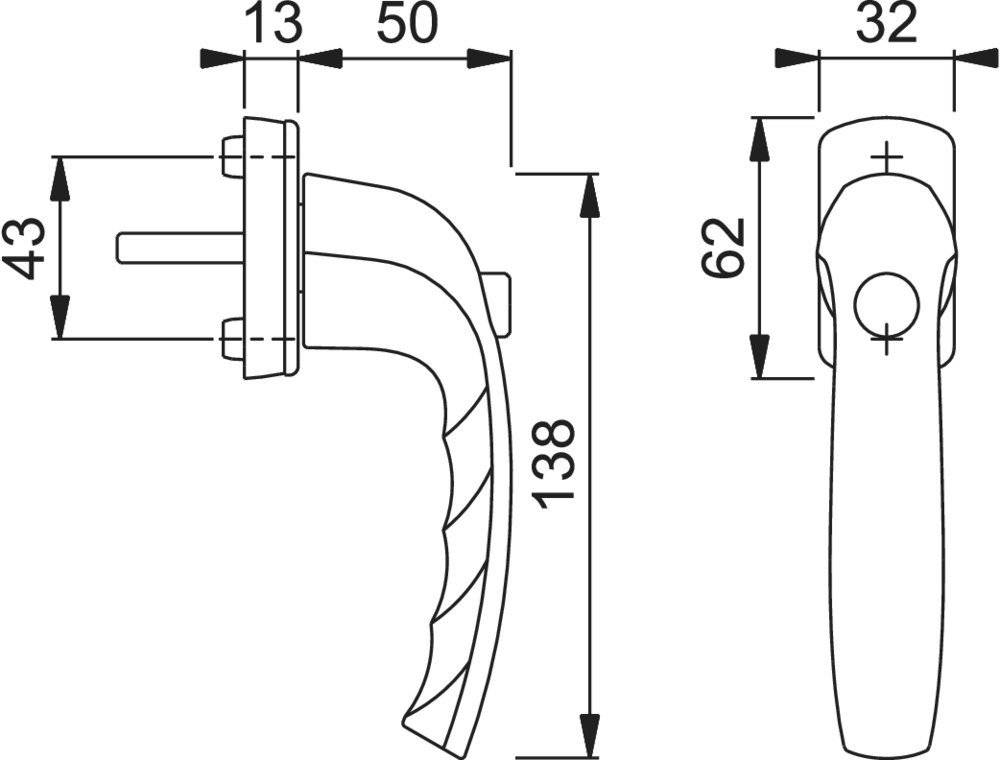 Türgriffzeichnung mit Abmessungen: Höhe 138 mm, Breite 62 mm, Freiraum 13 mm und 50 mm von der Grundplatte bis zum Ende des Griffs.