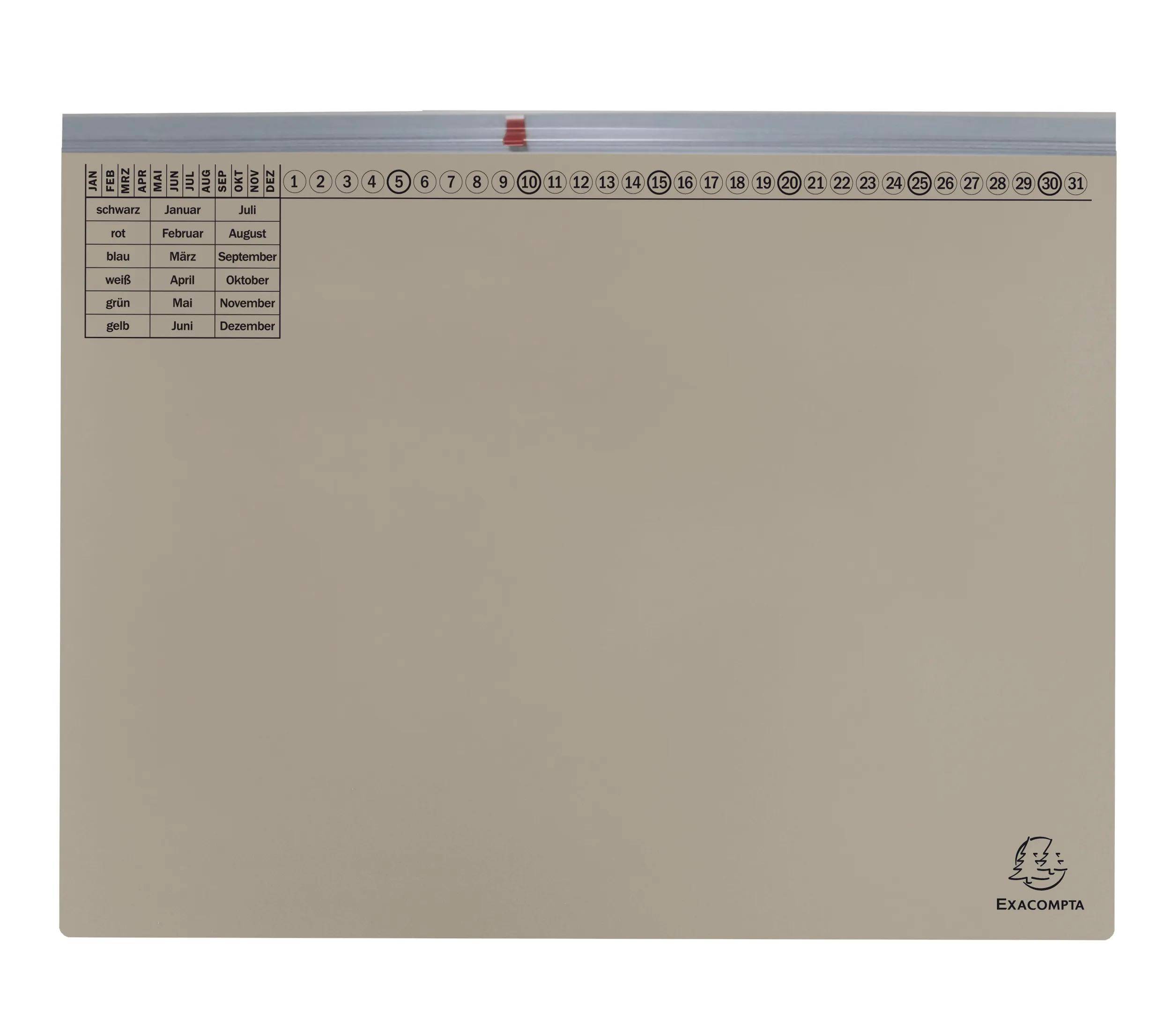 Ein Kalender mit einem Gitter von nummerierten Tagen 1-31, Monaten auf der linken Seite in Deutsch aufgelistet, und eine rote Registerkarte, die den aktuellen Tag markiert.