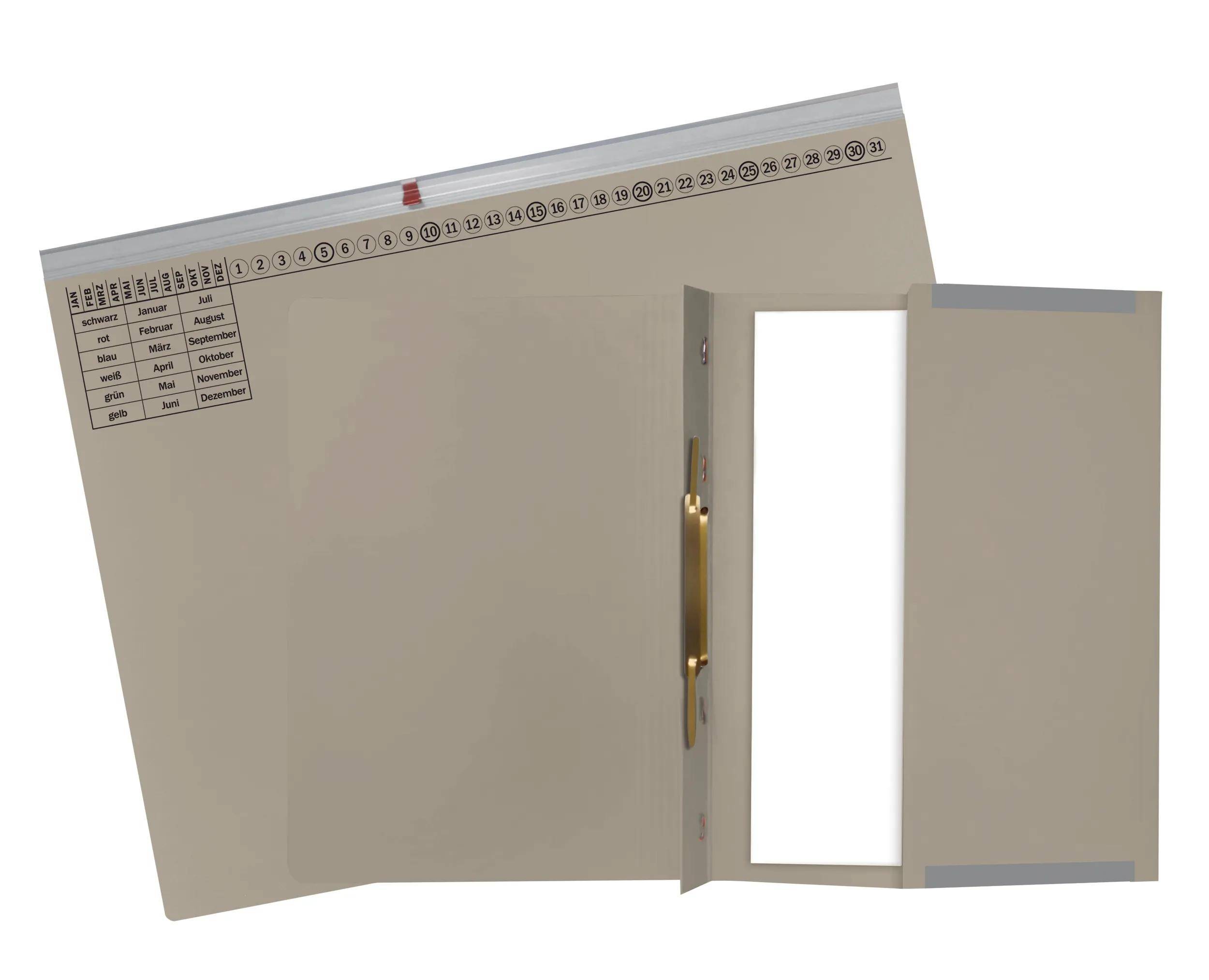 Ein offener Aktenordner mit nummerierten Reitern von 1 bis 31 oben und Platz zum Einfügen von Dokumenten innen, zur Organización von Schriftstücken.