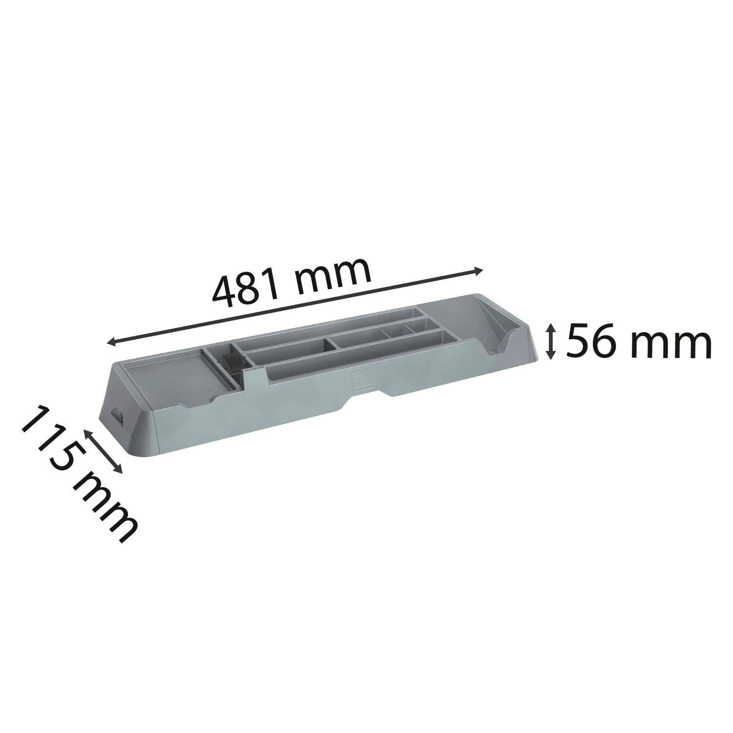 Graue rechteckige Kunststoffkomponente in 3D-Darstellung mit gekennzeichneten Abmessungen: 481 mm lang, 115 mm breit und 56 mm hoch.