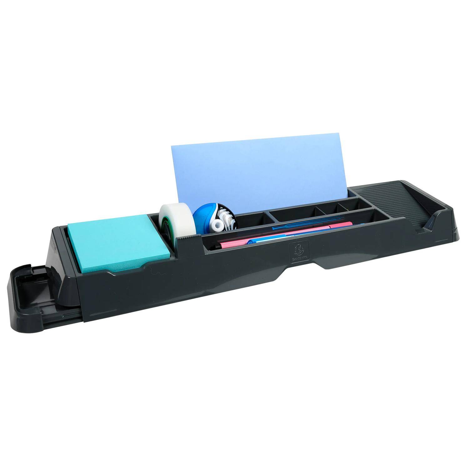 Schwarzes Schreibtisch-Organisationstablett mit Fächern, das Haftnotizen, Klebeband, Stifte und einen blauen Dokumentenhalter enthält.